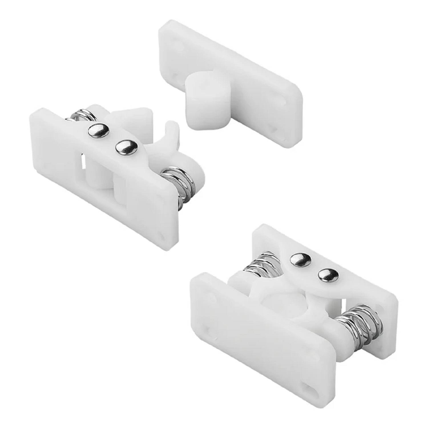 Weiße Kunststoff-Türriegel mit Metallfedermechanismus, die Front- und Seitenansichten zeigen, zum Sichern von Schrank- oder Kleiderschranktüren.