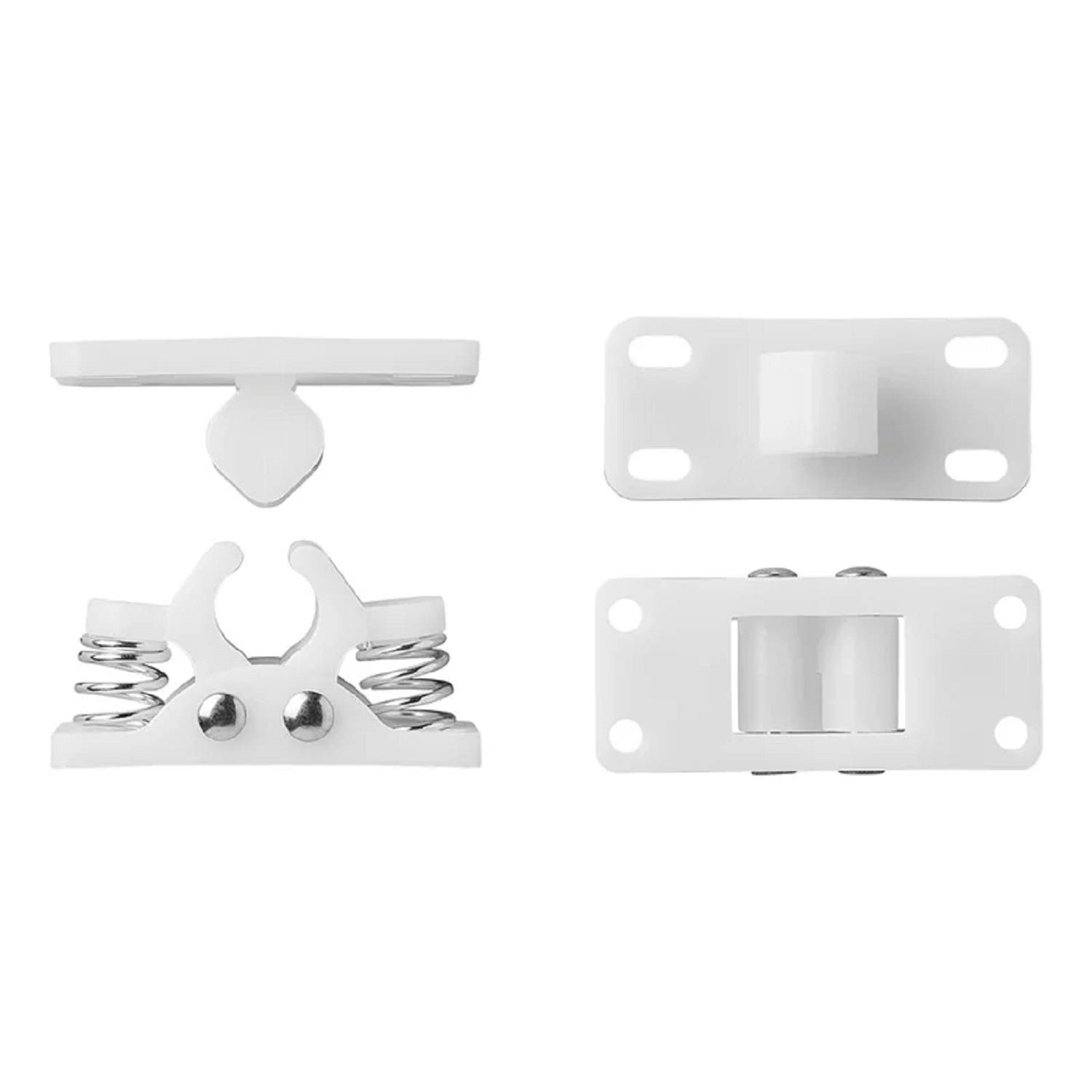 Weißer Plastik- und Metallwerkzeughalter für Mopp oder Besen mit Wandmontage und federnden Griffen.