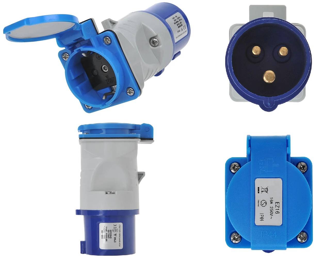 Blauer und weißer Industriestecker mit drei Pins, aus verschiedenen Perspektiven gezeigt, einschließlich Draufsicht, Seitenansicht und Rückansicht.