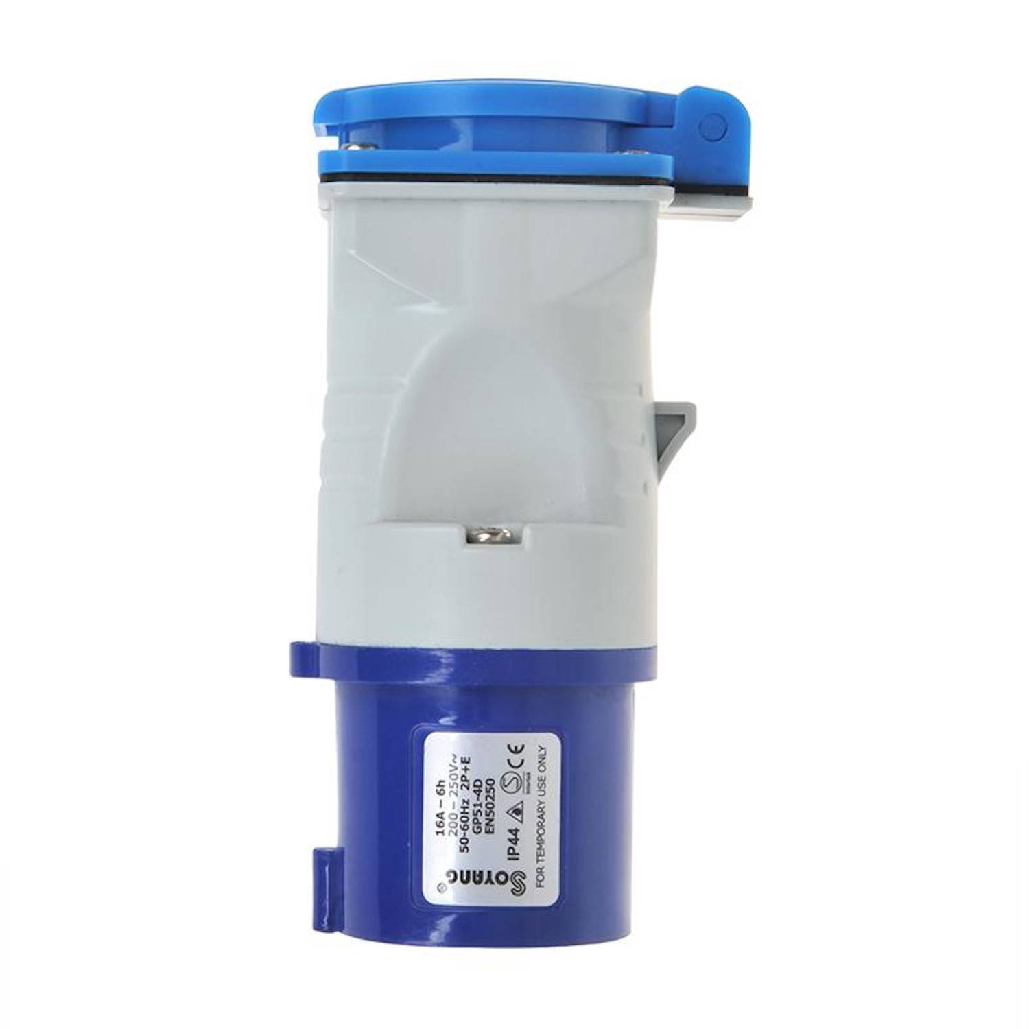 Blauer und grauer industrieller Elektrostecker mit Markenlogo und Zertifizierungsdetails, die seitlich beschriftet sind.