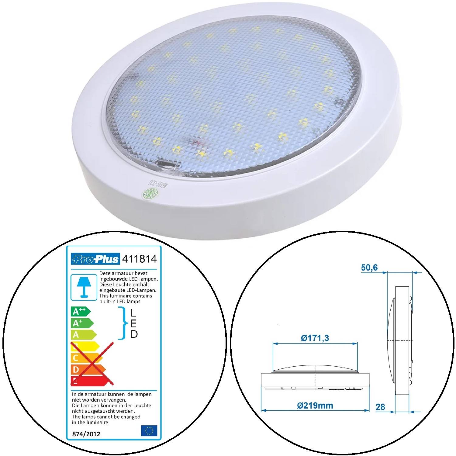 Runde LED-Deckenleuchte mit einer gekennzeichneten Energieeffizienz von 'A+', dargestellt mit Abmessungen: Durchmesser 219 mm, Höhe 28 mm.