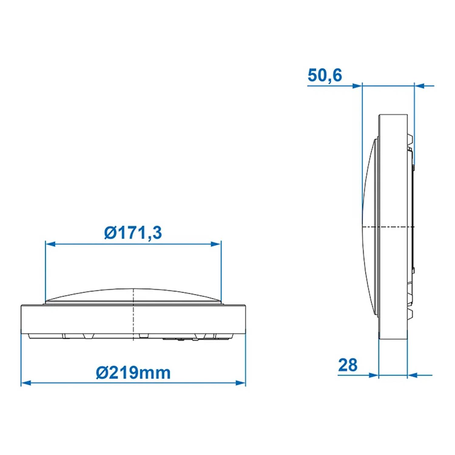 Technische Zeichnung eines kreisförmigen Geräts zeigt Front- und Seitenansicht. Durchmesser der Frontansicht: 219 mm; Höhe der Seitenansicht: 50,6 mm; Breite: 28 mm.