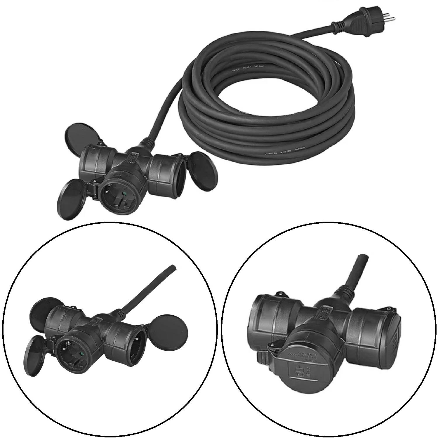 Verteiler Steckdose Schuko 3-fach 10 Meter 3x2,5mm² Gummikabel Außen IP44