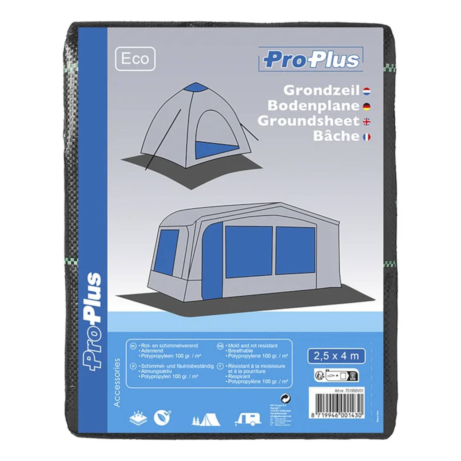 Verpackung für 'ProPlus' Öko-Bodenplane zeigt Abmessungen von 2,5x4m und Abbildungen von Zeltabdeckungen. Text in mehreren Sprachen.