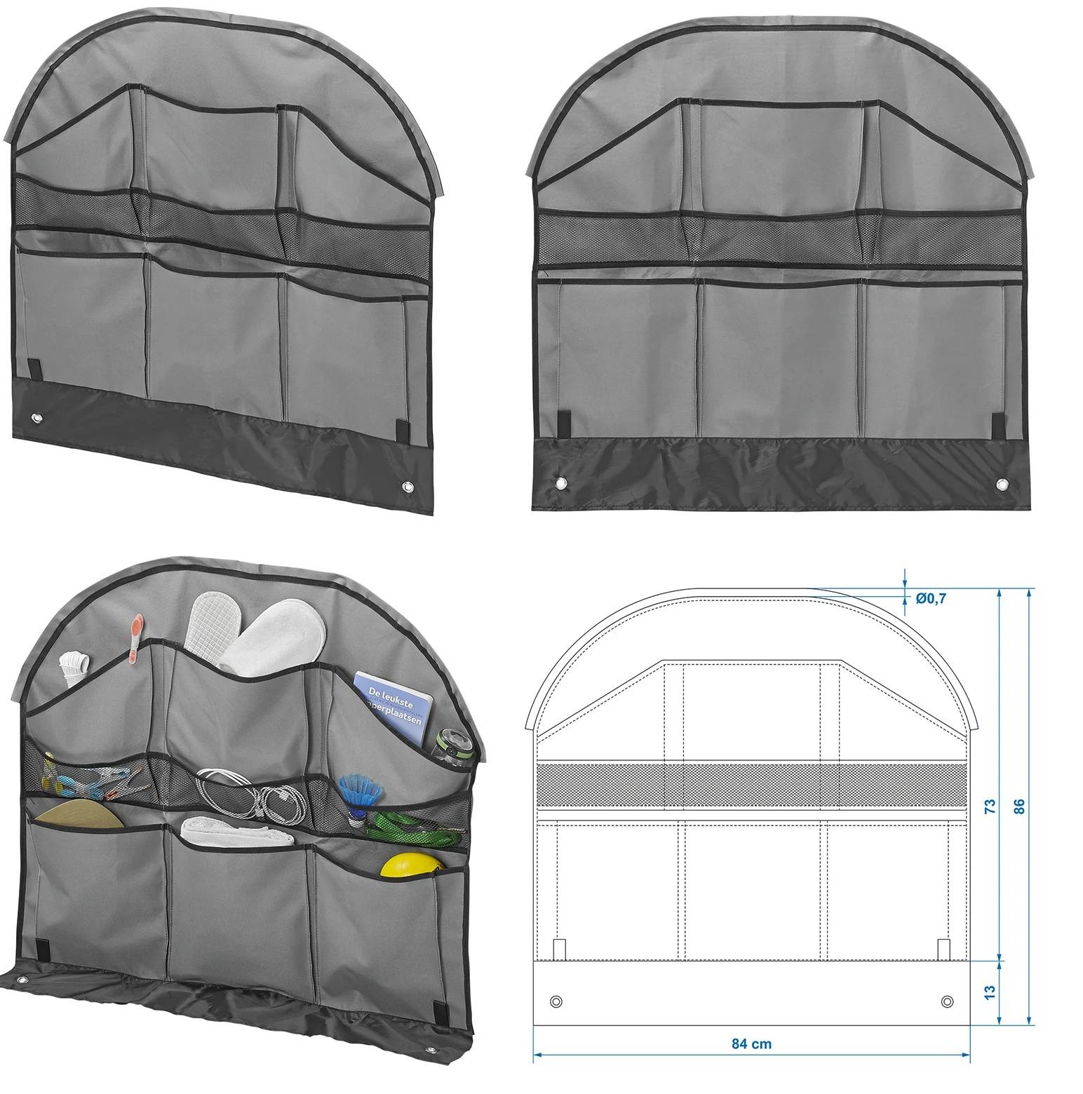 Hängeorganizer mit mehreren Taschen, in verschiedenen Ansichten dargestellt, zum Aufbewahren verschiedener kleiner Gegenstände wie Toilettenartikel und Bürsten.