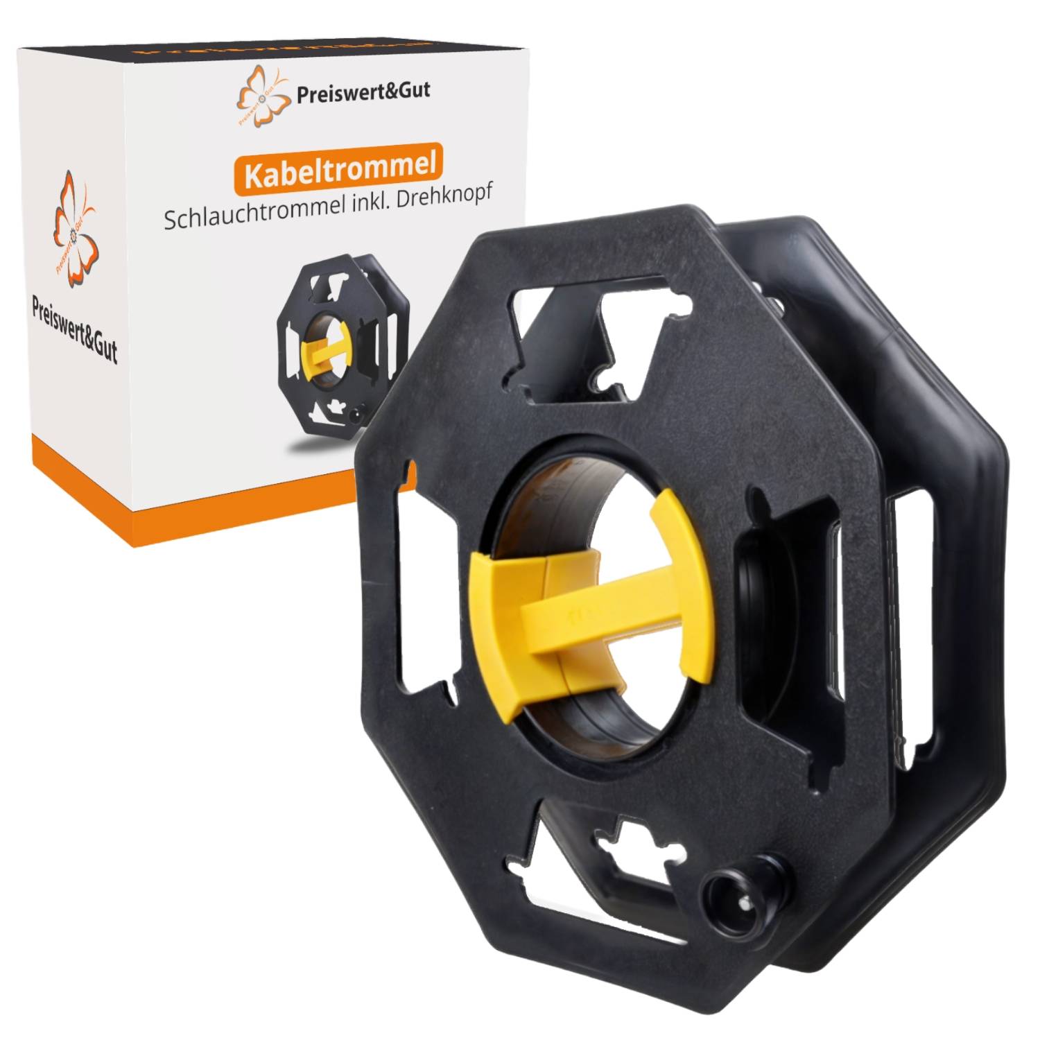 Eine schwarze und gelbe Kabeltrommel mit einem manuellen Knopf wird neben ihrer Verpackungsbox präsentiert, die den Markennamen 'Preiswert&Gut' trägt.