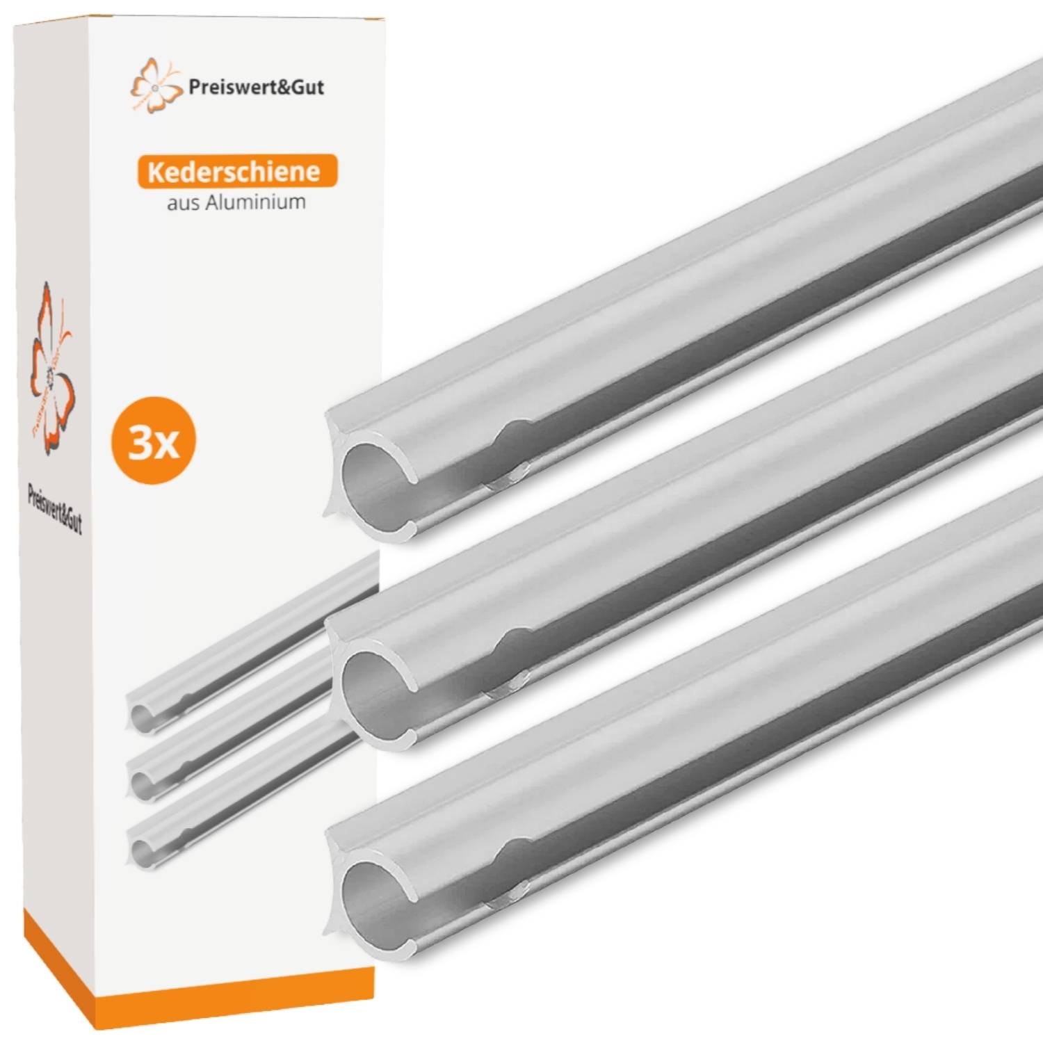 Aluminium-Kederschiene, 3er Pack, mit Karton beschriftet mit Preiswert & Gut, Kederschiene aus Aluminium.