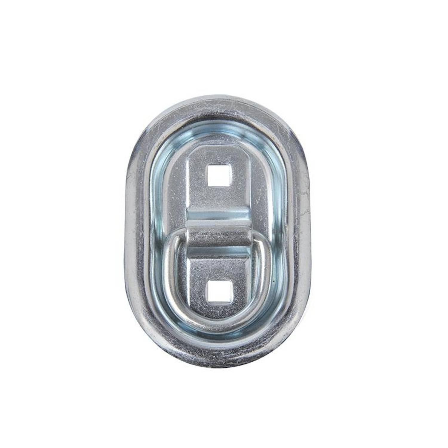 Ein metallischer, eingelassener ovaler D-Ring-Befestigungsanker mit einer rechteckigen Platte, die zwei quadratische Löcher aufweist, zum Sichern von Ladung in Fahrzeugen.