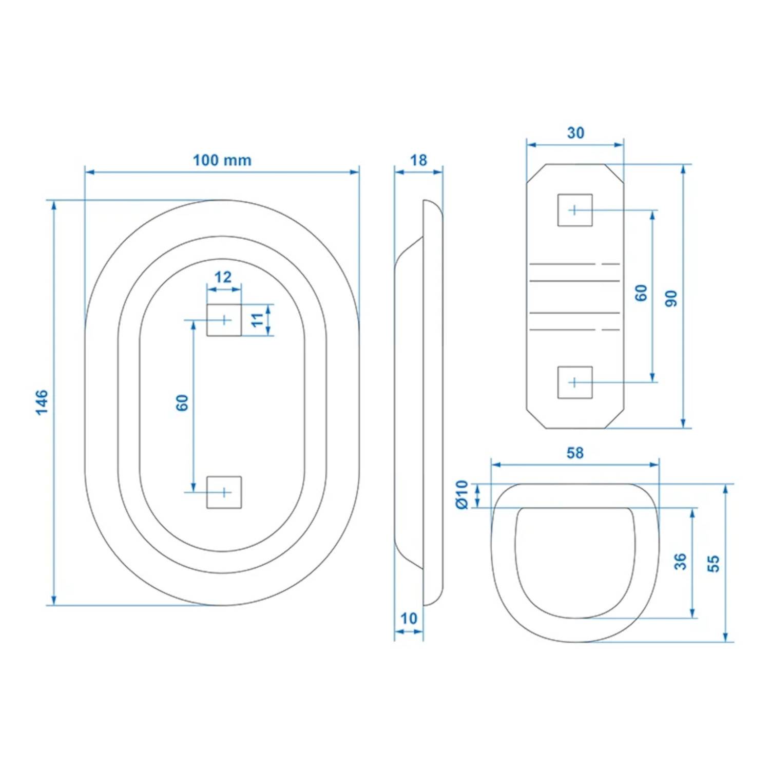 Ovales Design-technische Zeichnung mit Maßen: Länge 146 mm, Breite 100 mm. Seiten- und Draufsicht enthalten, mit Hervorhebung spezifischer Messungen.