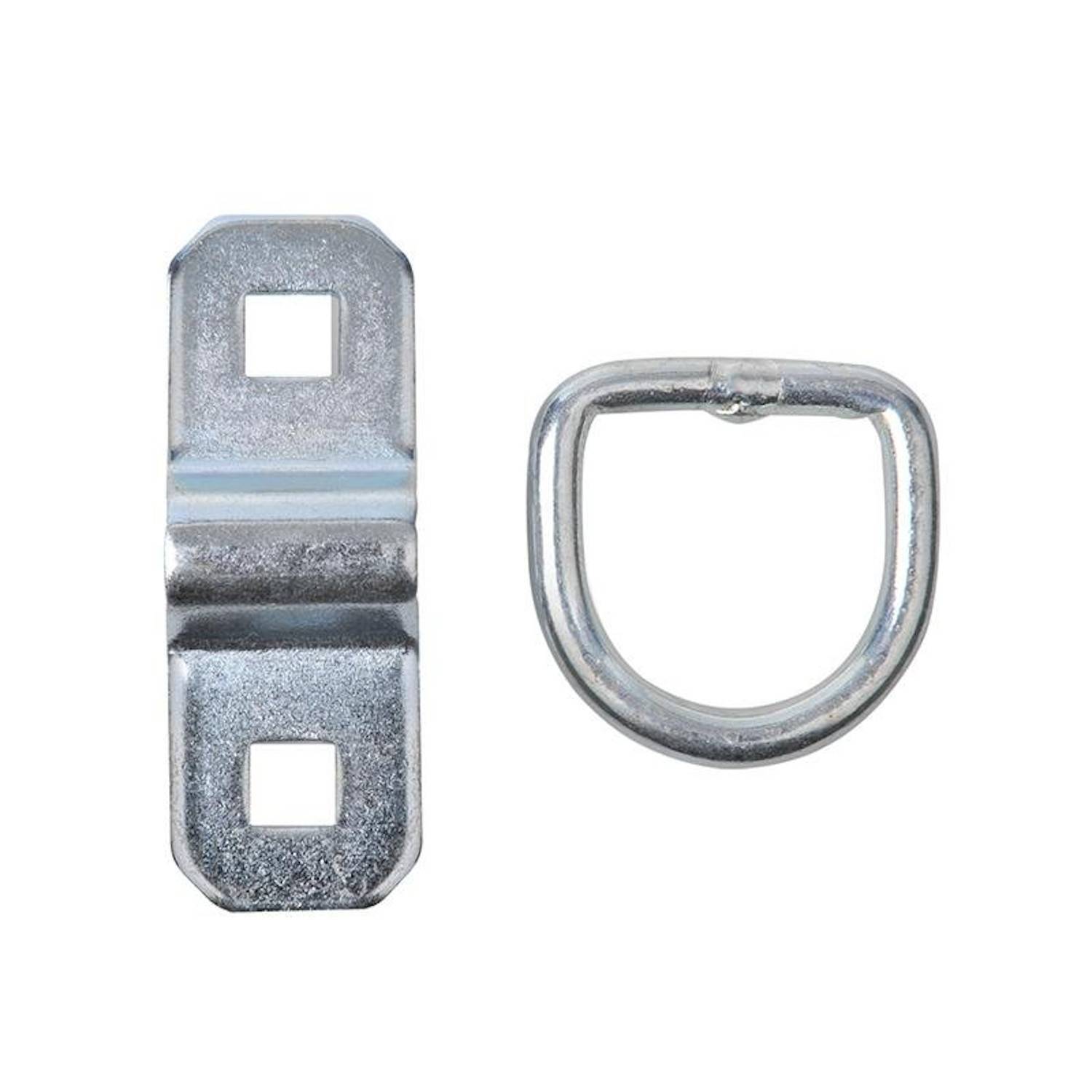 Schraubösenhaken mit begleitender Metallplatte mit quadratischen Löchern, verwendet zum sicheren Aufhängen von Rahmen oder Spiegeln an Wänden.