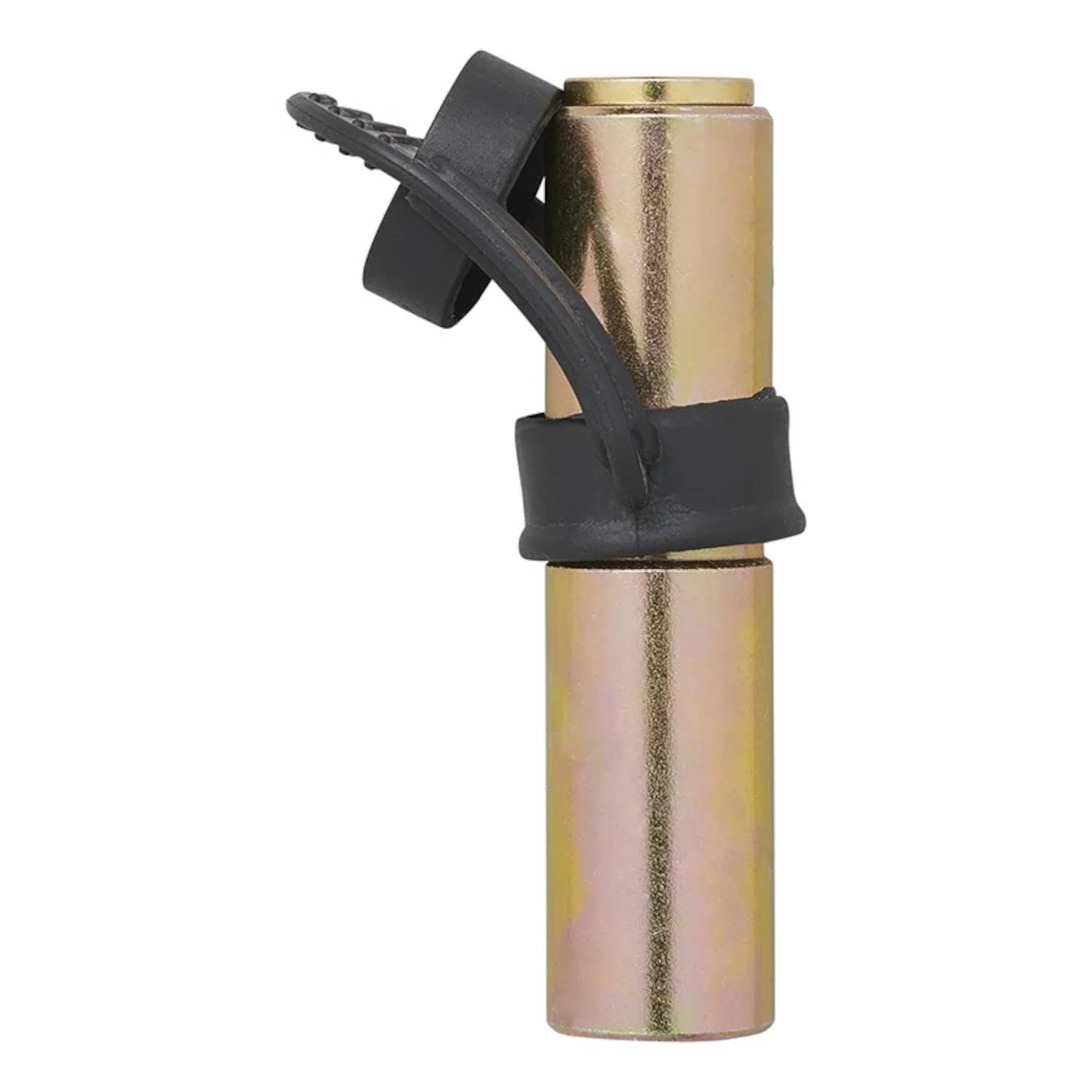 Ein metallisch aussehender zylindrischer Gegenstand, gesichert mit einem schwarzen Riemen. Es scheint sich um eine mechanische oder industrielle Komponente zu handeln.