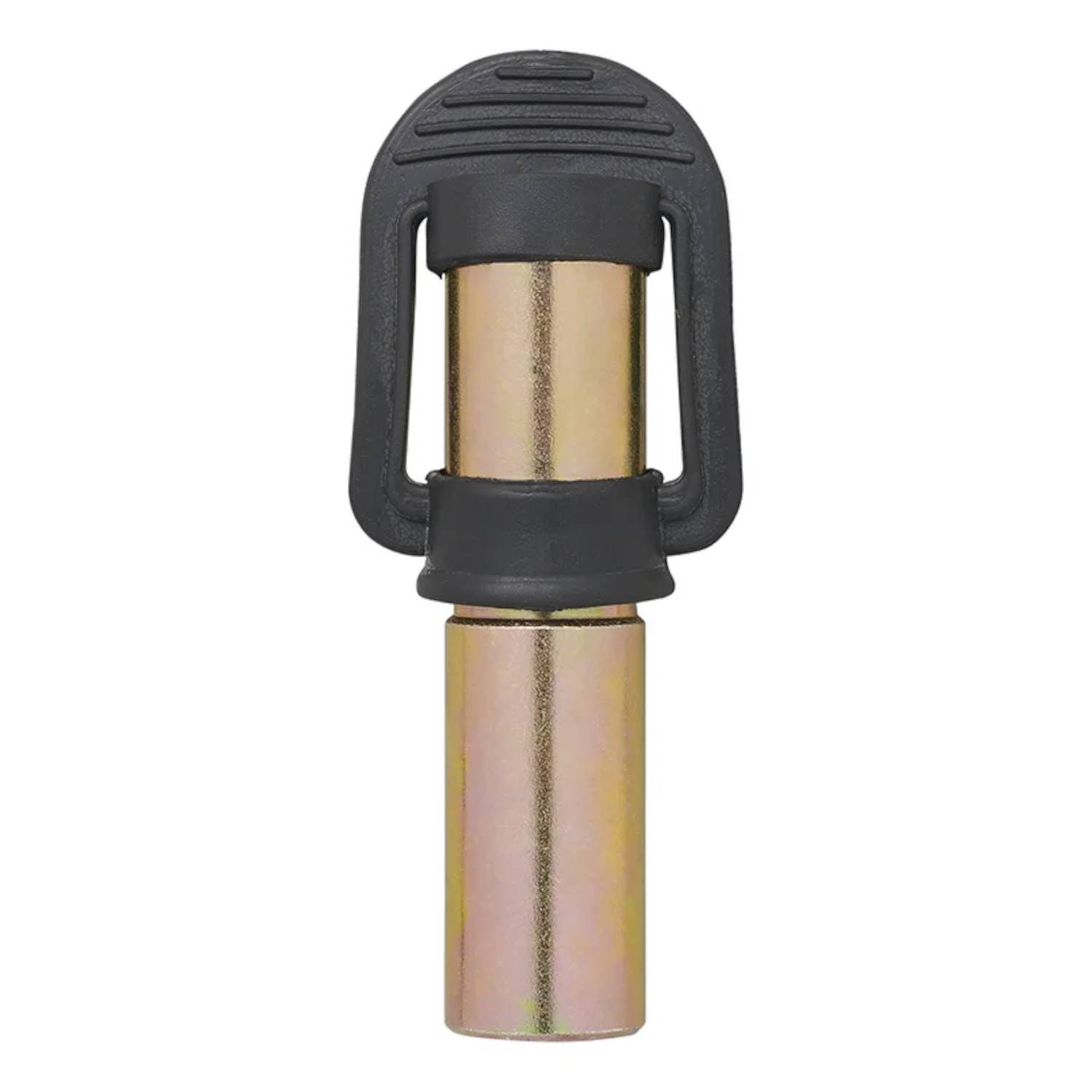 Ein Metall-Anhängersicherungsstift mit einem schwarzen Gummigriff, entwickelt zum Sichern von Anhängeranbauteilen.