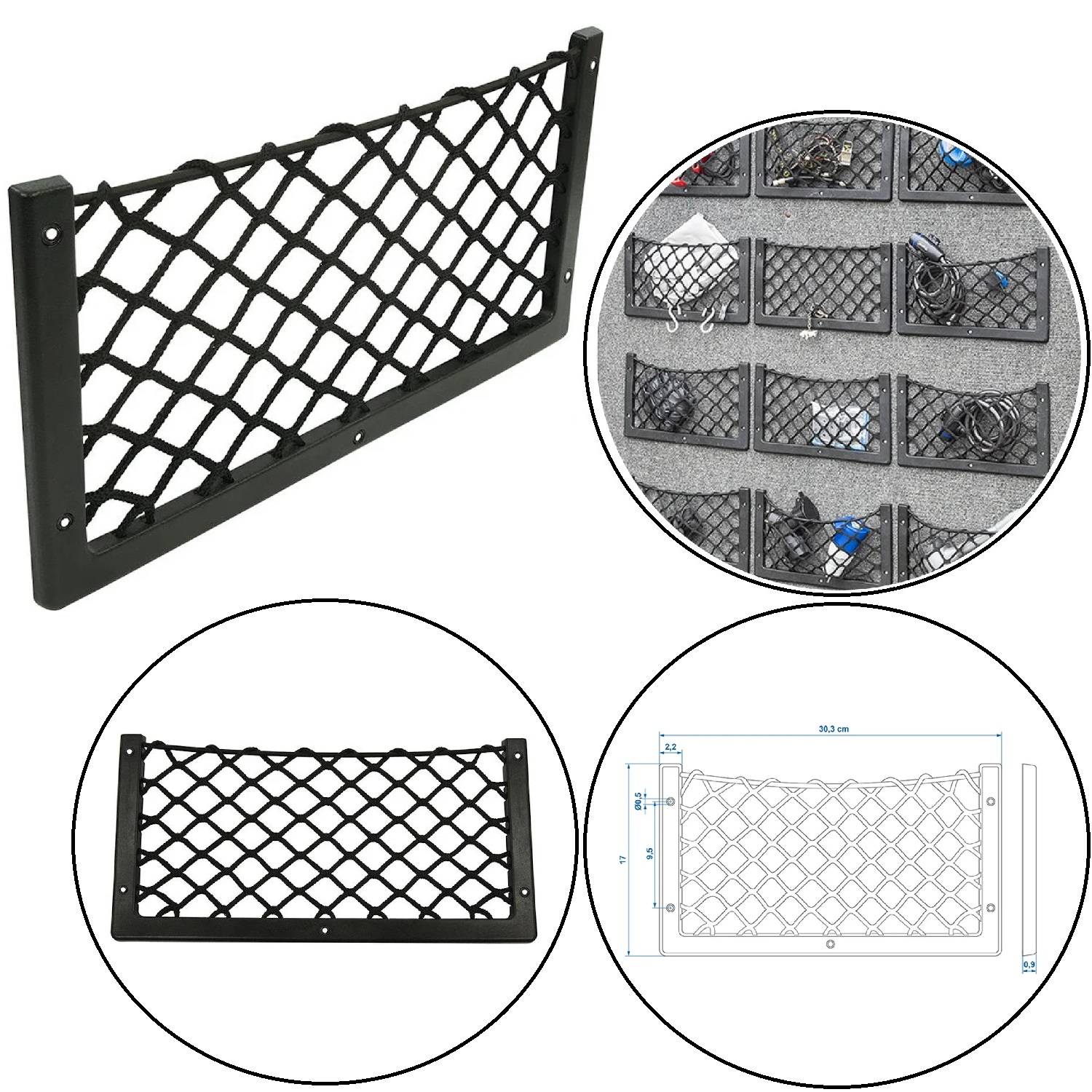 Drei Bilder eines Fahrzeug-Aufbewahrungsnetzes: eines installiert, ein anderes zeigt eine aufgeräumte Organisation und eine Abbildung mit detaillierten Abmessungen.