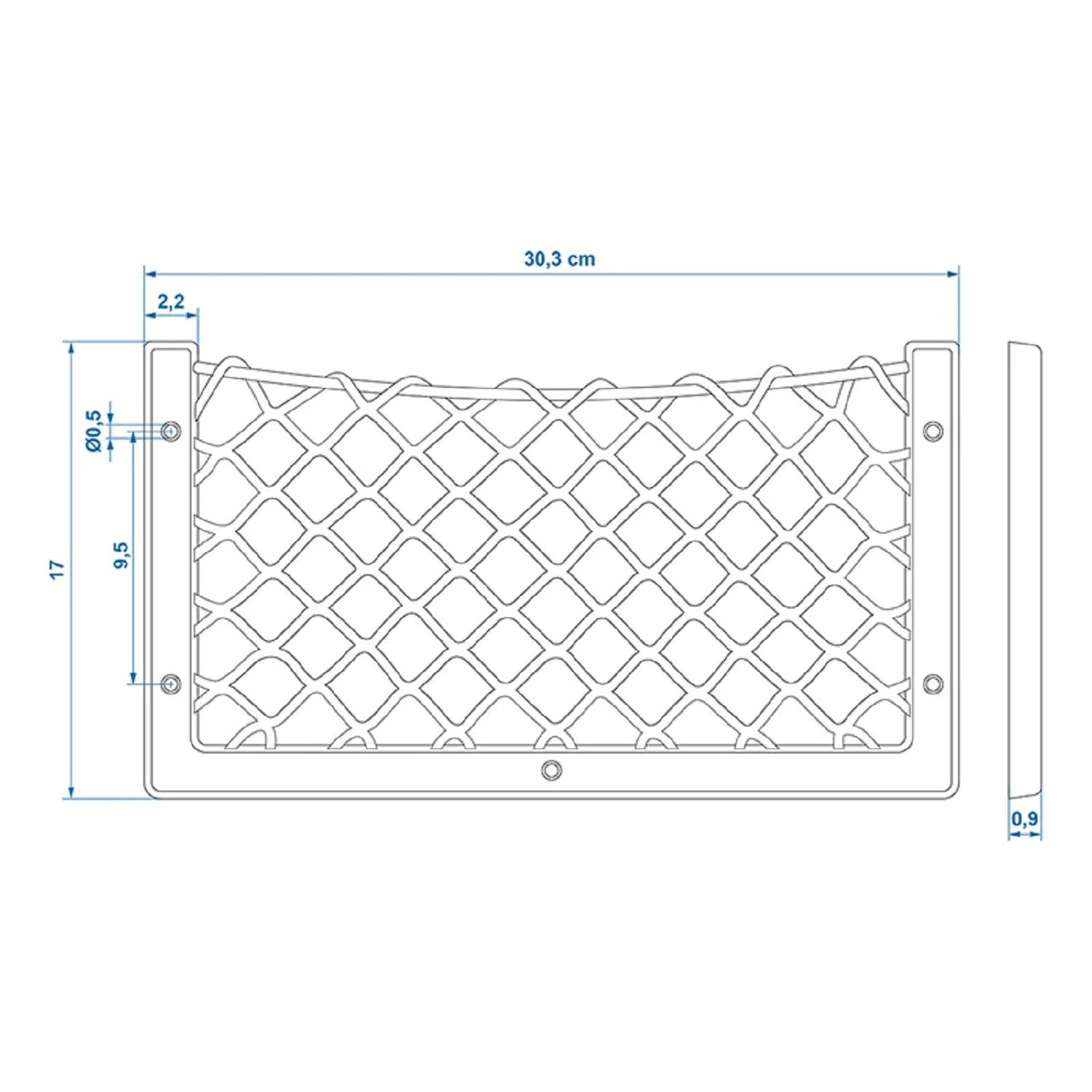 Drahtgittergestell-Abmessungen: 17 cm Höhe, 30,3 cm Breite, 9,5 cm Tiefe, 0,9 cm Dicke. Beschriftete Messungen in Blau dargestellt.