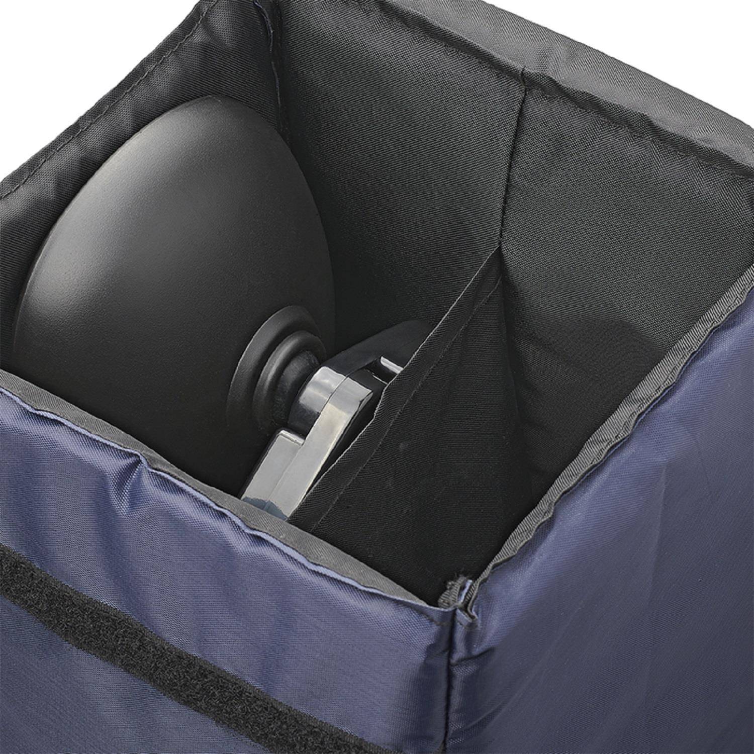 Tasche mit gepolstertem Inneren hält sicher ein kugelförmiges Objekt, möglicherweise einen Lautsprecher oder ein Gerät, und bietet Schutz und Transportabilität.