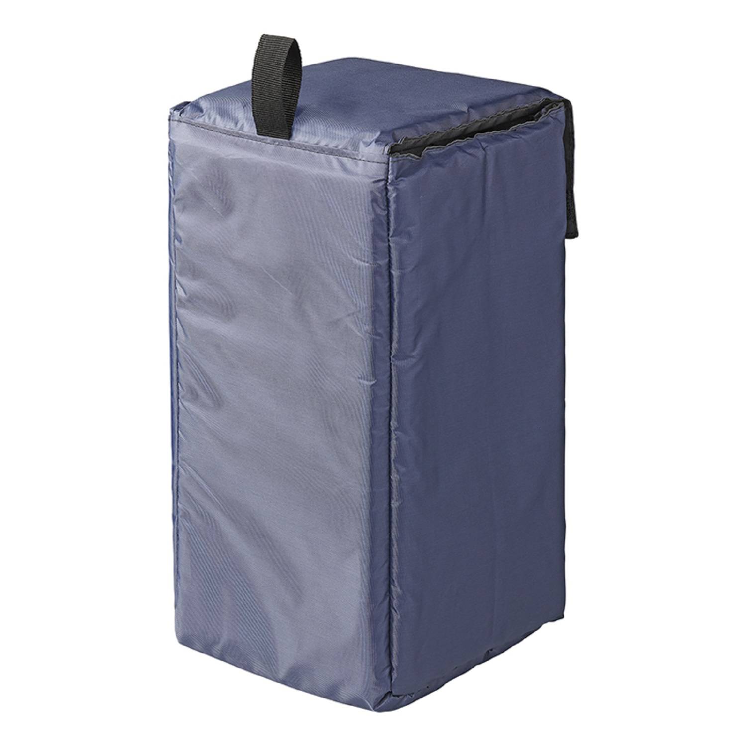 Ein rechteckiger, isolierter, blauer weicher Kühler mit schwarzem Stoffgriff oben.