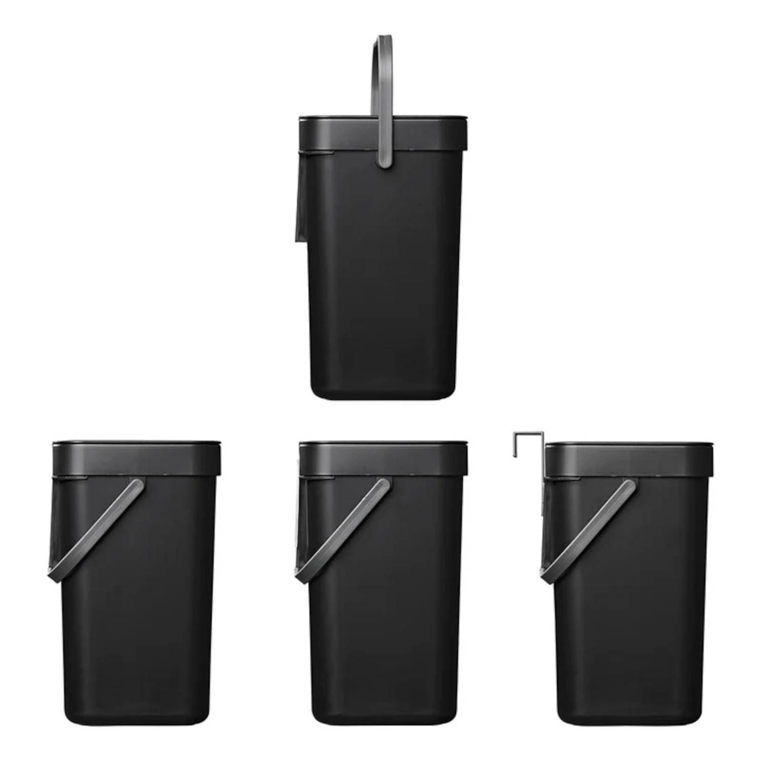 Vier schwarze, rechteckige Mülltonnen mit unterschiedlichen Deckel- und Griffkonfigurationen werden in einer Reihe gezeigt, wobei die Designunterschiede betont werden.