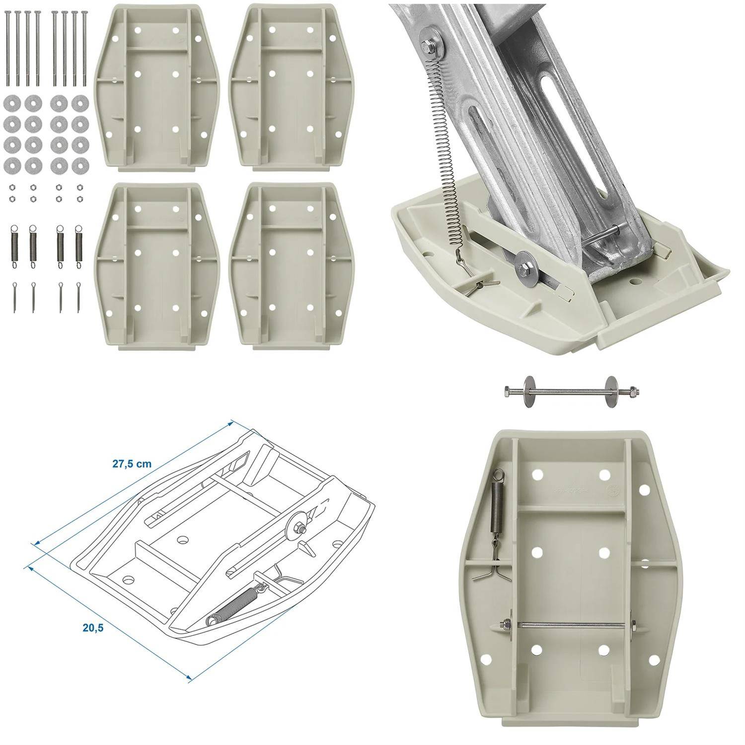 Verstellbares Möbelerhöhungs-Set mit Schrauben, Halterungen und Federn zur Höhenverstellung, einschließlich einer Diagram mit Maßangaben.