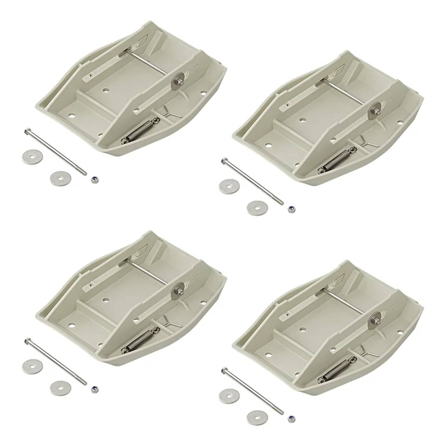 Vier beige Schneeketten-Rutschmatten für ein Fahrzeug, abgebildet mit Metallstangen und Unterlegscheiben, in einem Gitterlayout angeordnet.