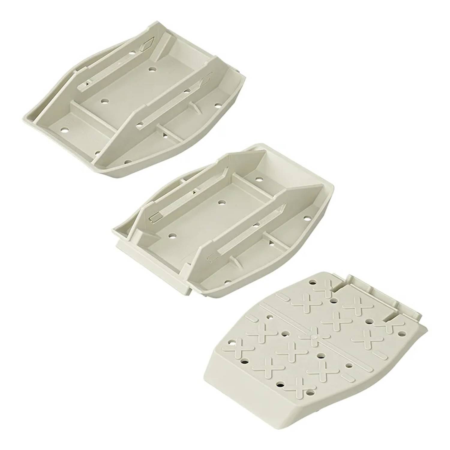 Drei beige Plastikkomponenten mit Montagelöchern, entwickelt zum Verbinden oder Abstützen von Strukturen, vor einem einfarbigen Hintergrund dargestellt.