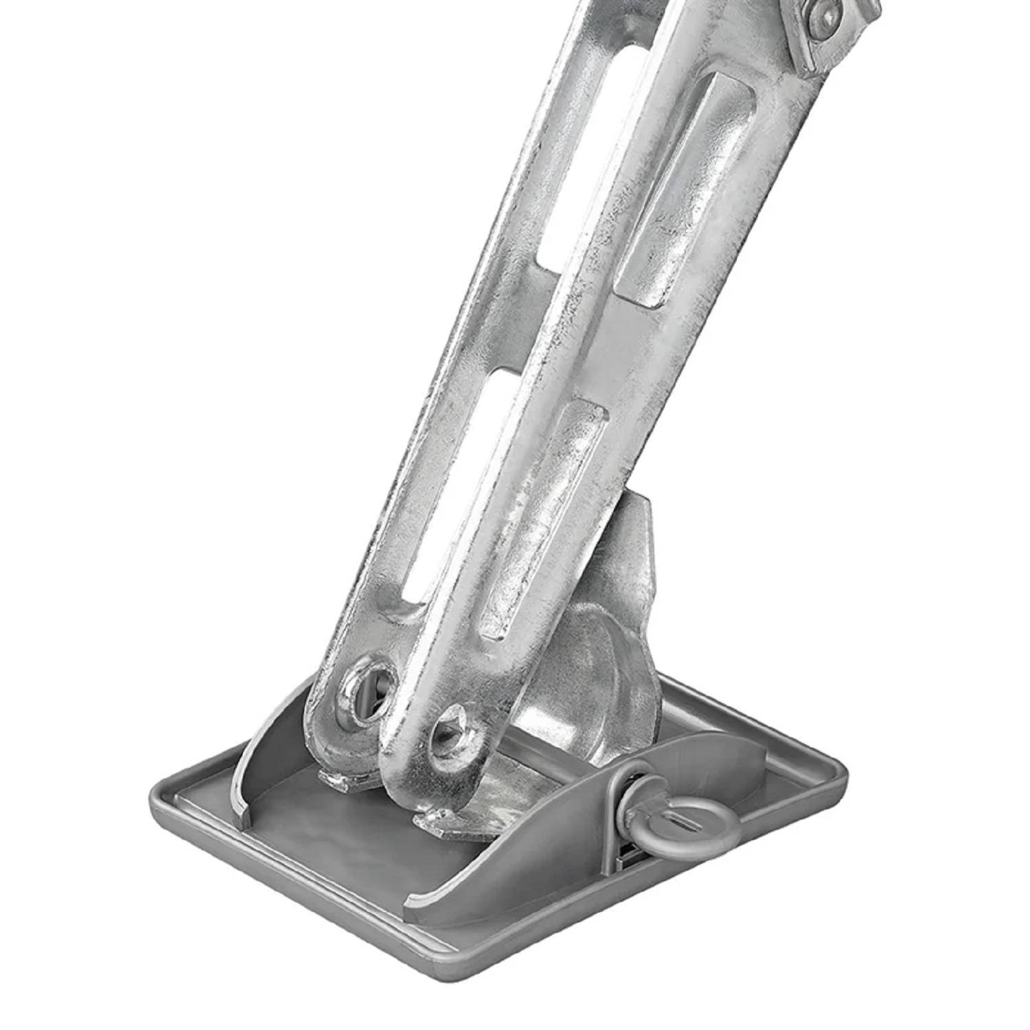 Ein Metall-Klapptischbeinmechanismus mit einer Scharnier- und Arretierbolzenvorrichtung auf einer grauen Basis, der zum Einstellen des Winkels des Tischbeins verwendet wird.