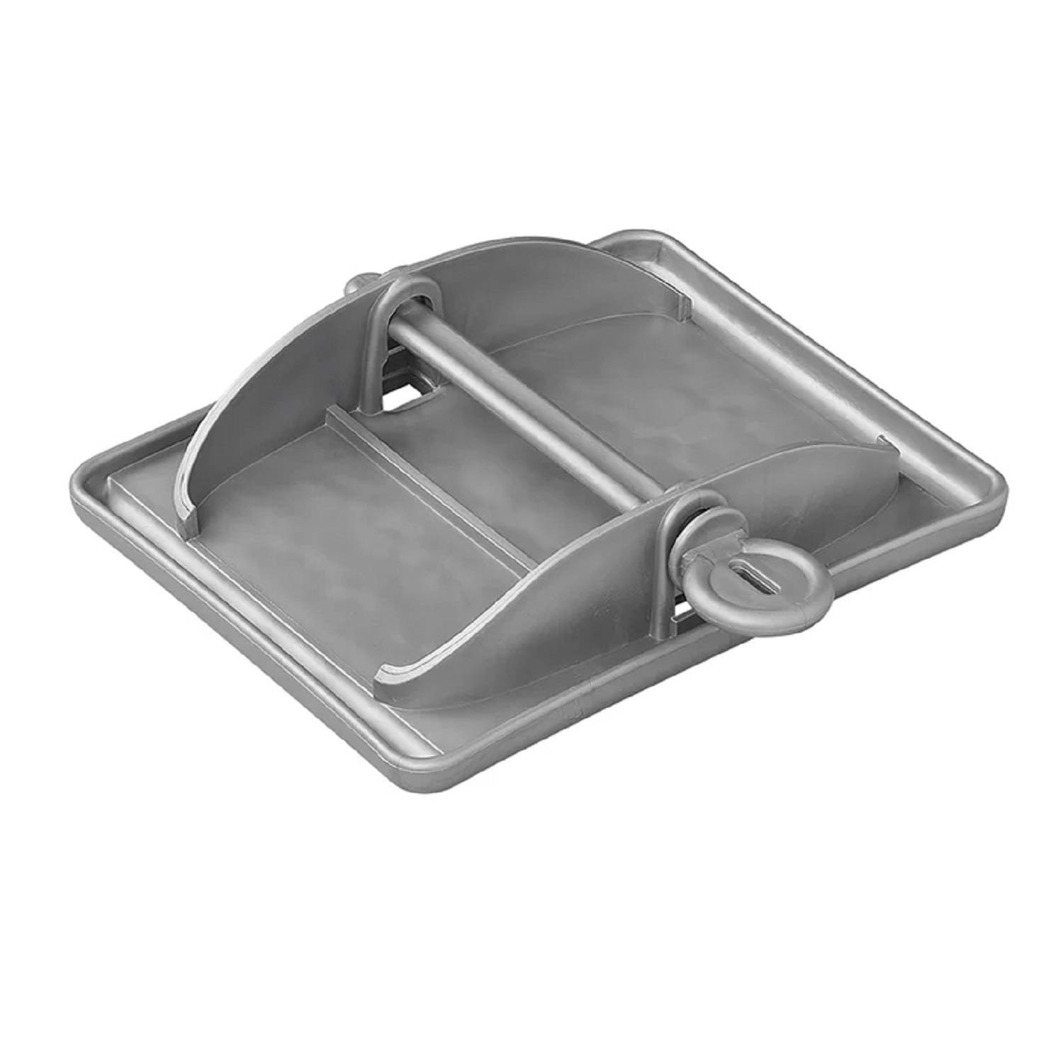 Eine metallische Schnalle mit rechteckiger Basis und zentralem Querbalken, konzipiert zum Befestigen von Riemen oder Gürteln.