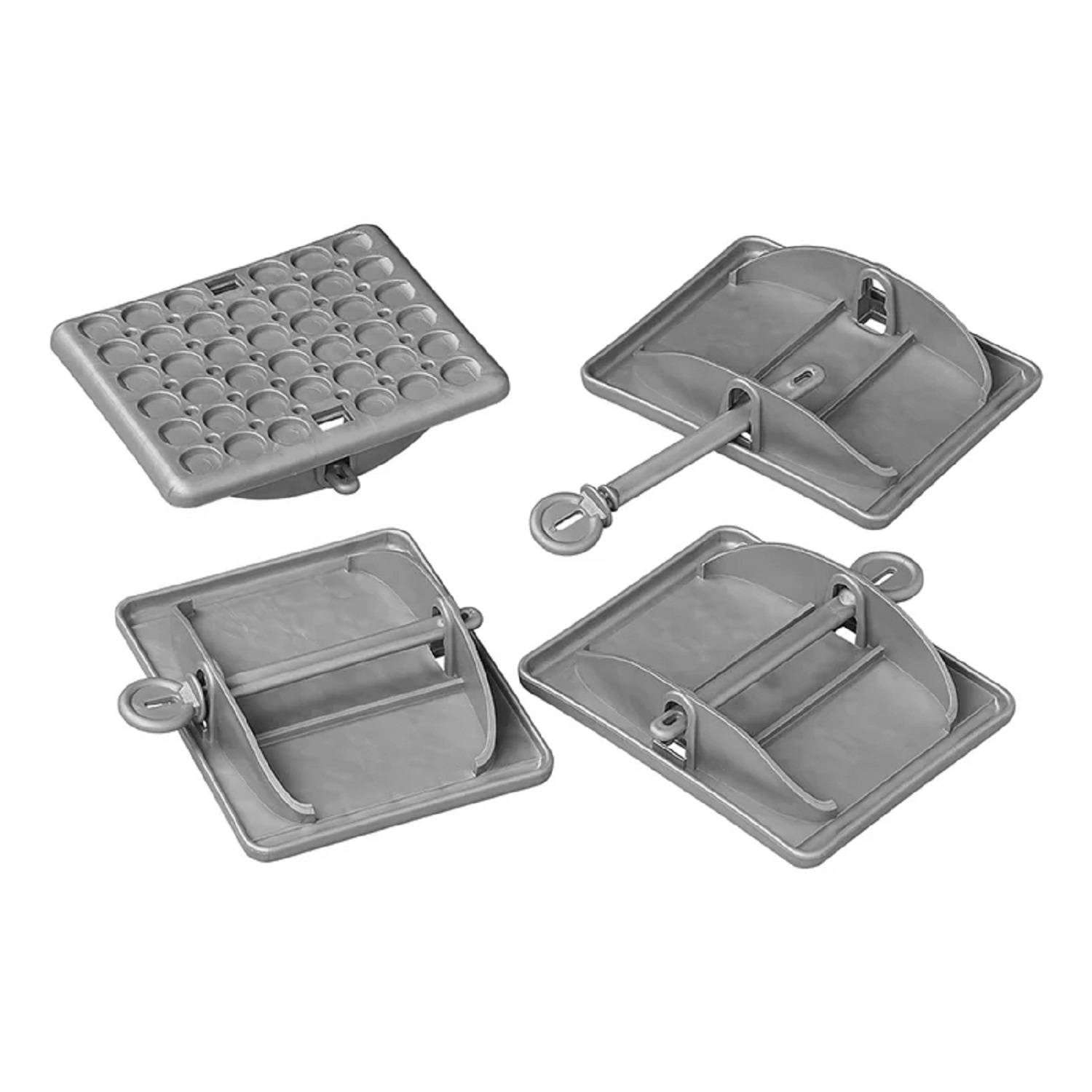 Vier abnehmbare graue Bodenablaufsiebe, jedes mit einem einzigartigen Design, werden auf einem weißen Hintergrund präsentiert.