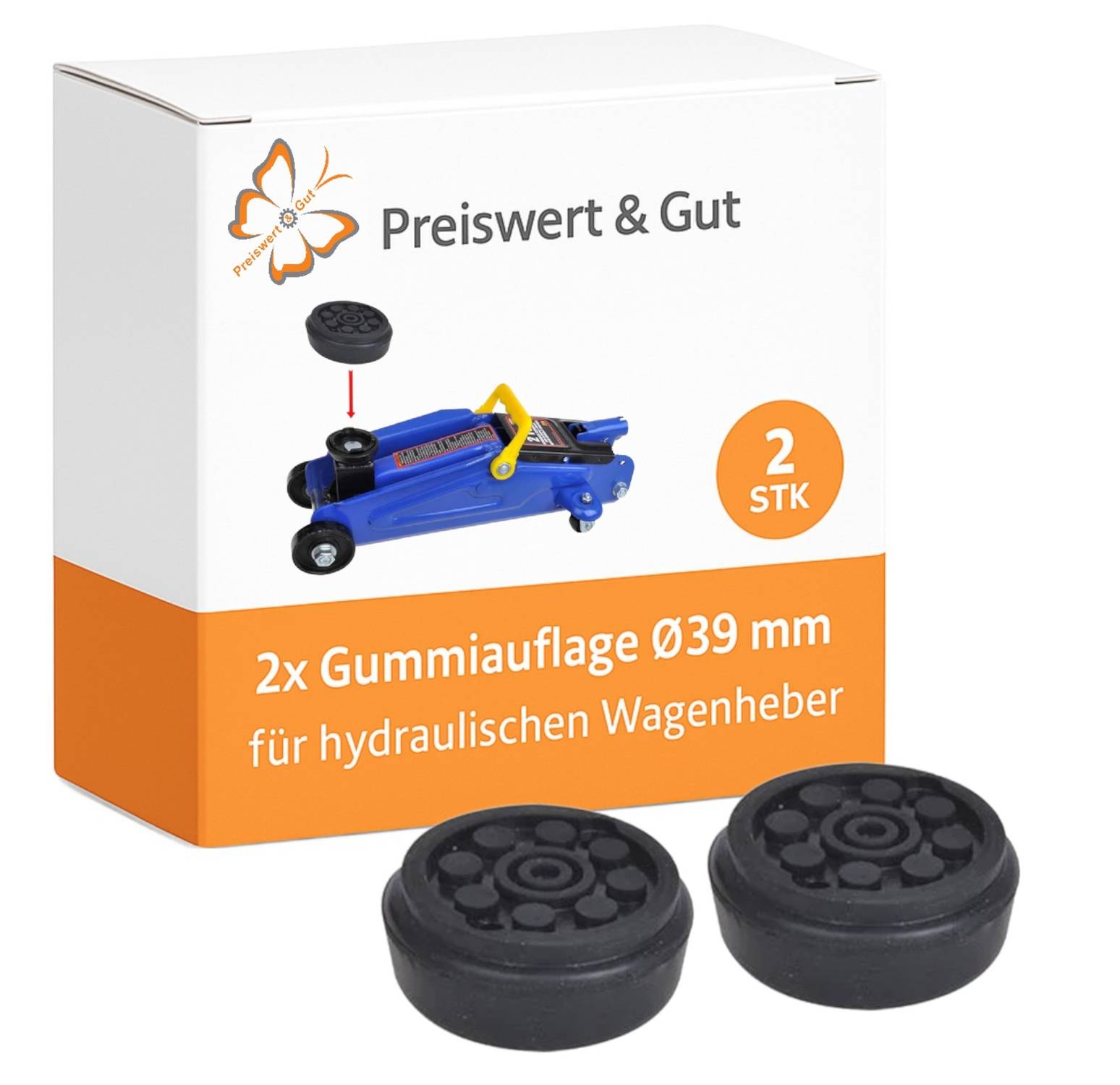 Paket mit zwei runden Gummipads für Hydraulikwagen, gekennzeichnet mit 'Preiswert & Gut', '2 STK' und '2x Gummiauflage Ø39 mm'.