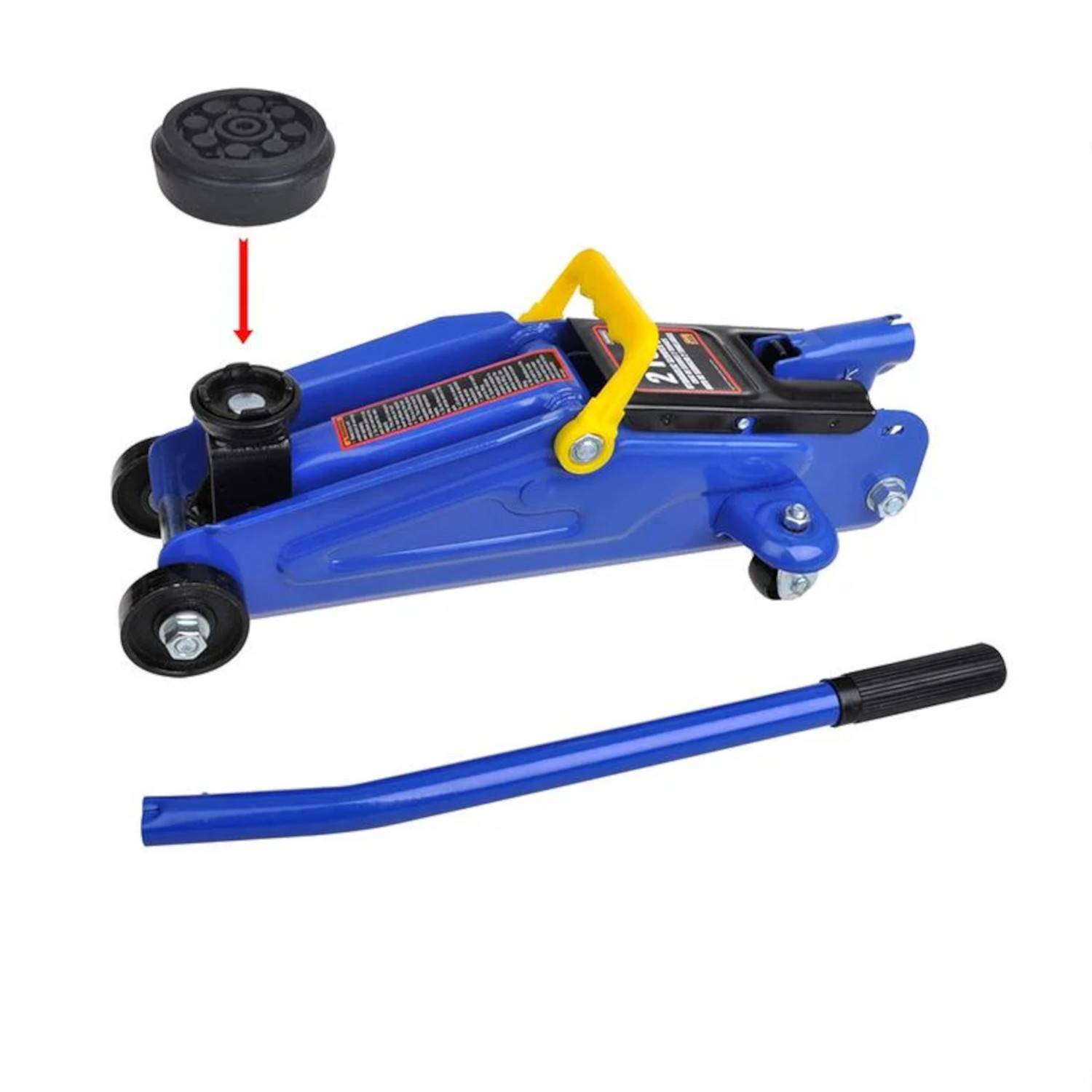 Ein blauer hydraulischer Bodenwagenheber mit einem gelben Griff und einem abnehmbaren Sattelpolster, der zum Anheben von Fahrzeugen verwendet wird. Ein Griff liegt neben dem Wagenheber.