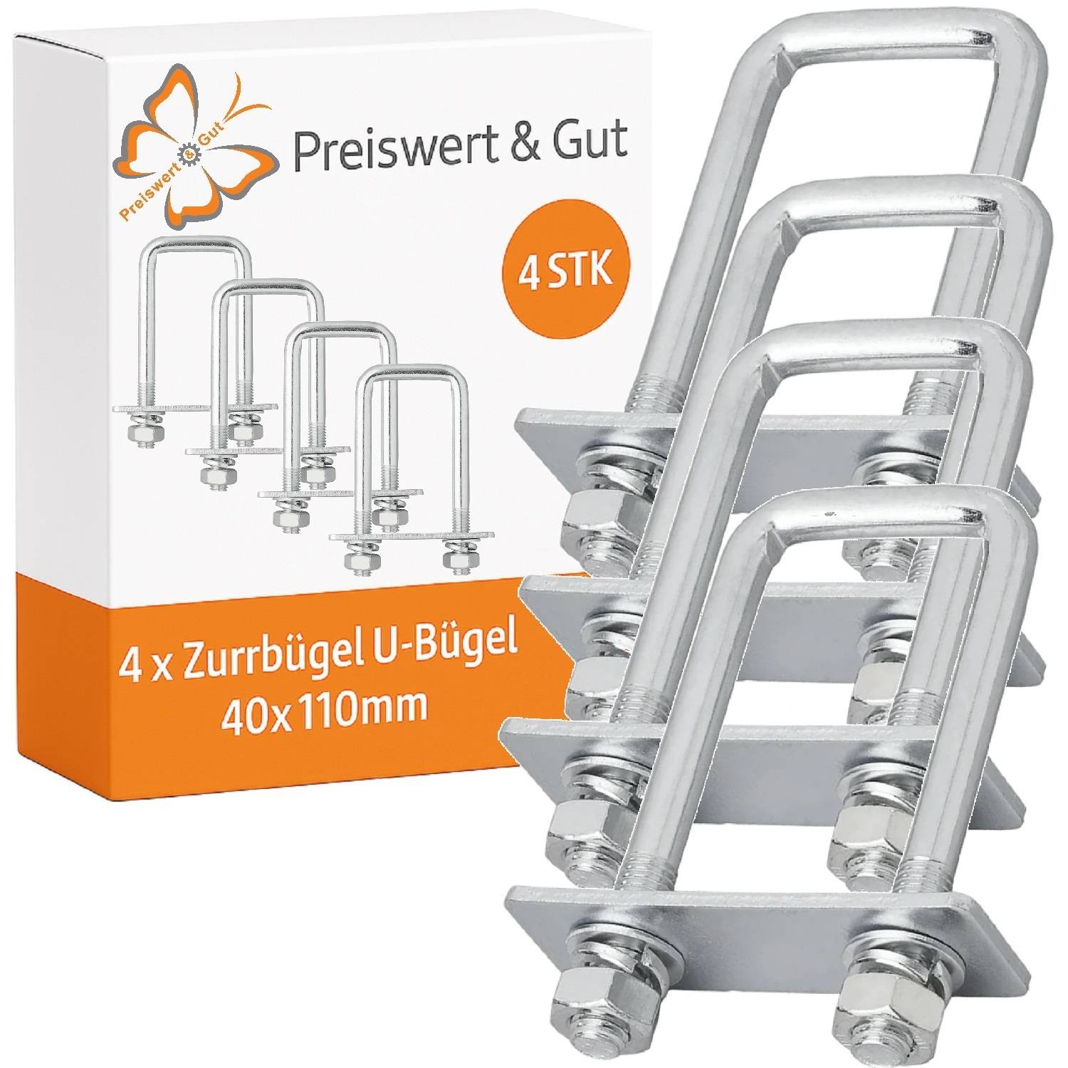 Paket mit vier U-Bolzen, 40 x 110 mm, mit Muttern und Platten zur Befestigung von Gegenständen; gekennzeichnet mit 'Preiswert & Gut, 4 STK'.