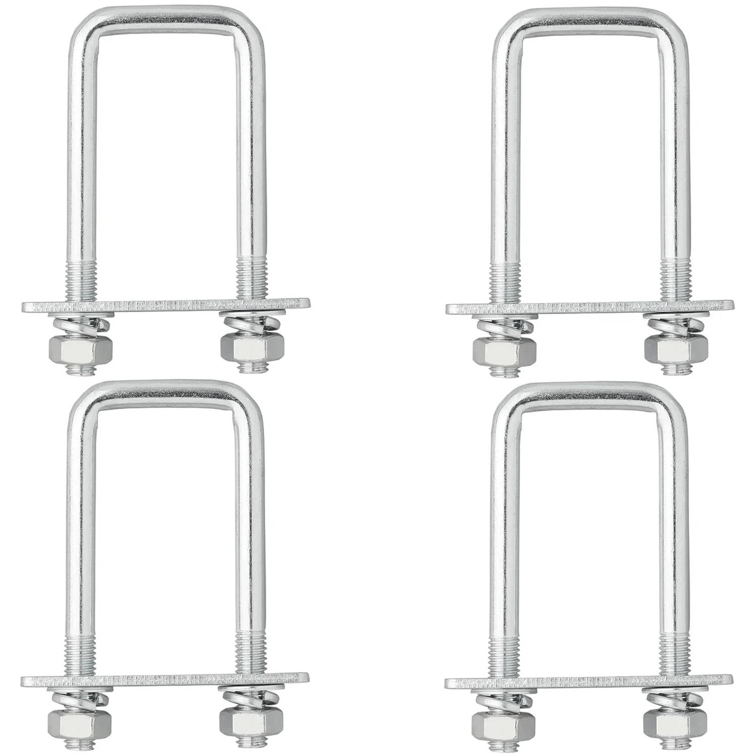 Vier U-Schrauben mit Muttern und Unterlegscheiben, in einem 2x2 Raster auf einem weißen Hintergrund angeordnet.