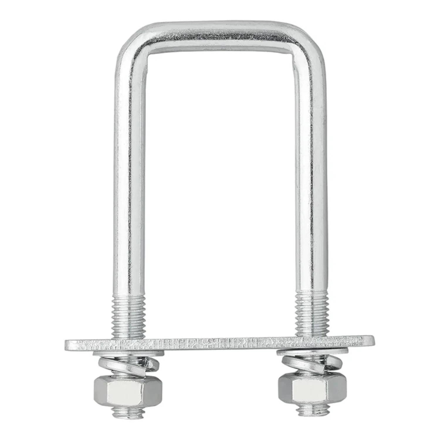 Ein U-Bolzen mit rechteckiger Form, versehen mit zwei Muttern und einer Metallplatte.