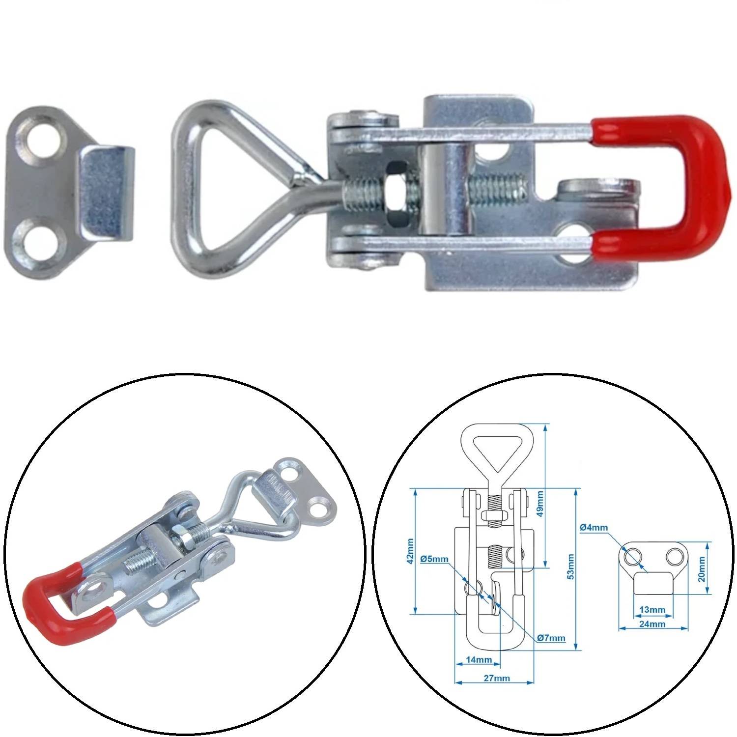 Metallischer Kippverschluss mit rotem Griff, dargestellt in drei Ansichten: montiert, Seitenansicht und technische Zeichnung mit Maßangaben in Millimetern.