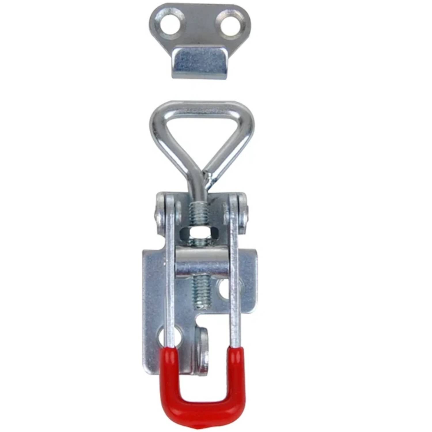 Verriegelungsriegel mit rotem Handgriff und Befestigungsplatte, entwickelt zum Sichern von Verschlüssen an Containern oder Maschinen.