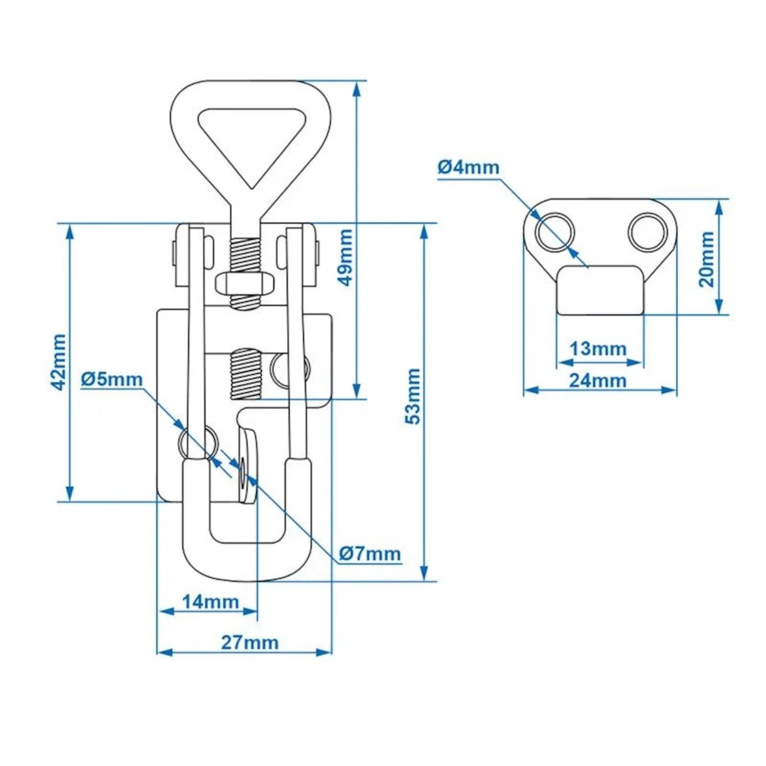 Technische Zeichnung des Riegels mit Maßangaben: 49 mm Höhe, 27 mm Breite, Schlüsselkomponenten mit Abmessungen wie 42 mm, 53 mm, 14 mm beschriftet.
