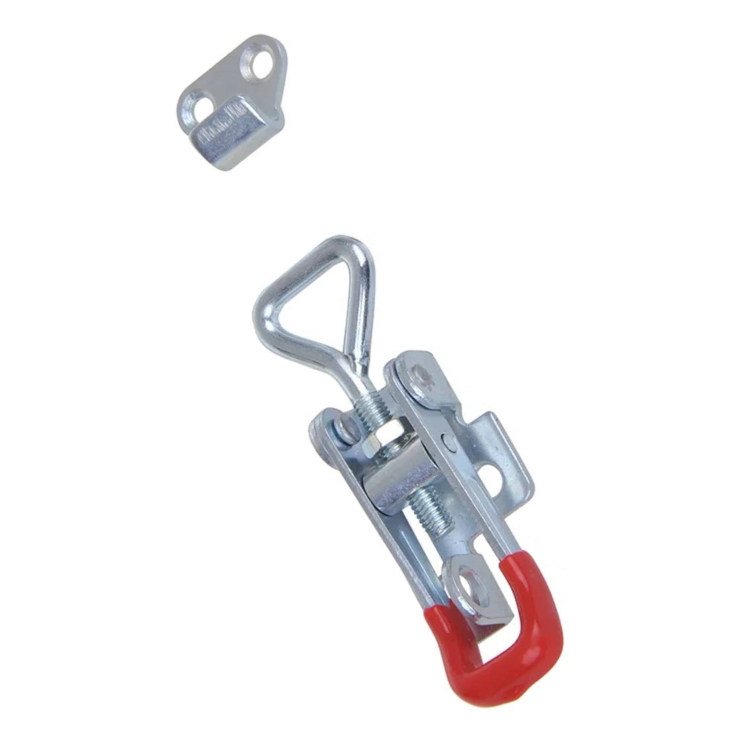 Ein Schnappverschluss mit einem roten Griff und Metallkomponenten, der zum Sichern oder Befestigen von Platten oder Türen verwendet wird.