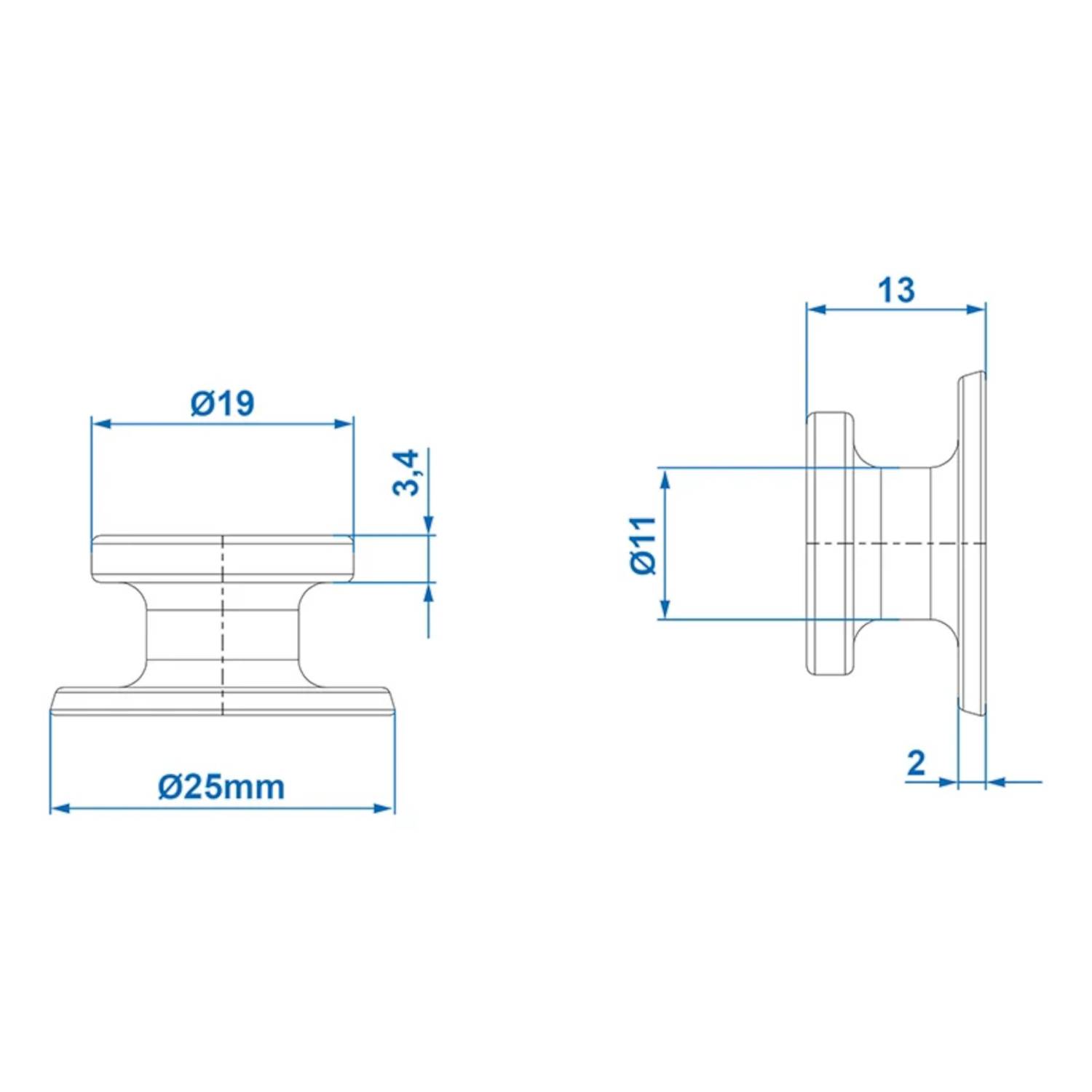 Technische Zeichnung einer Befestigungsschraube: Vorder- und Seitenansicht mit Maßen. Vorderansicht: 25 mm Durchmesser, Höhe 3,4 mm. Seitenansicht: 11 mm Durchmesser, Höhe 2 mm.