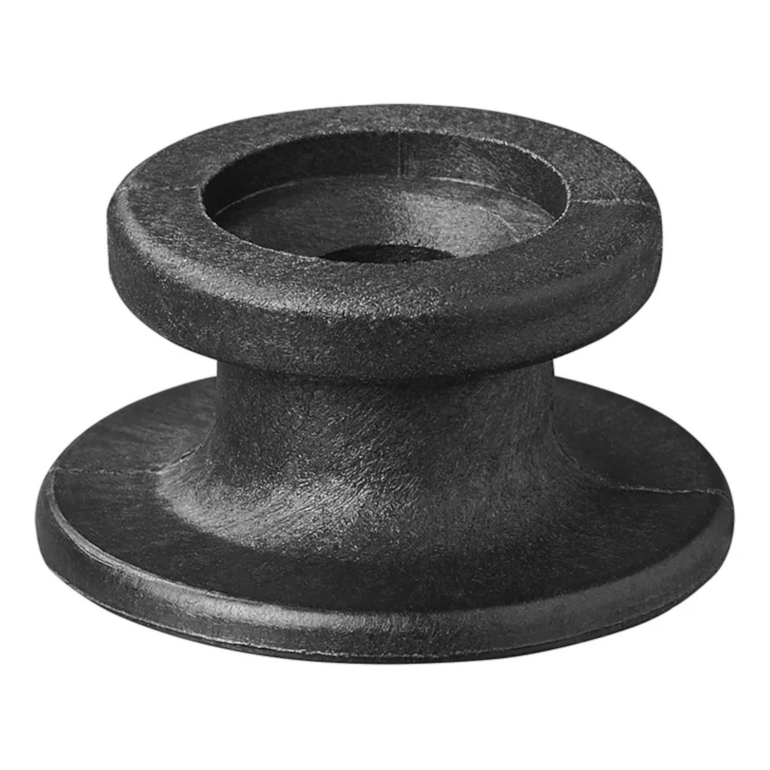 Ein schwarzer Deckelgriff, der auf Kochgeschirr passt, mit abgerundeter Oberfläche und breiter Basis zum leichten Greifen.