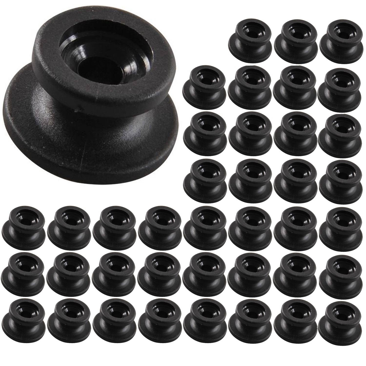 Abbildung von 50 schwarzen Gummidurchführungen, die in einer ordentlichen Anordnung angeordnet sind. Eine Durchführung wird vergrößert für eine detaillierte Ansicht dargestellt.