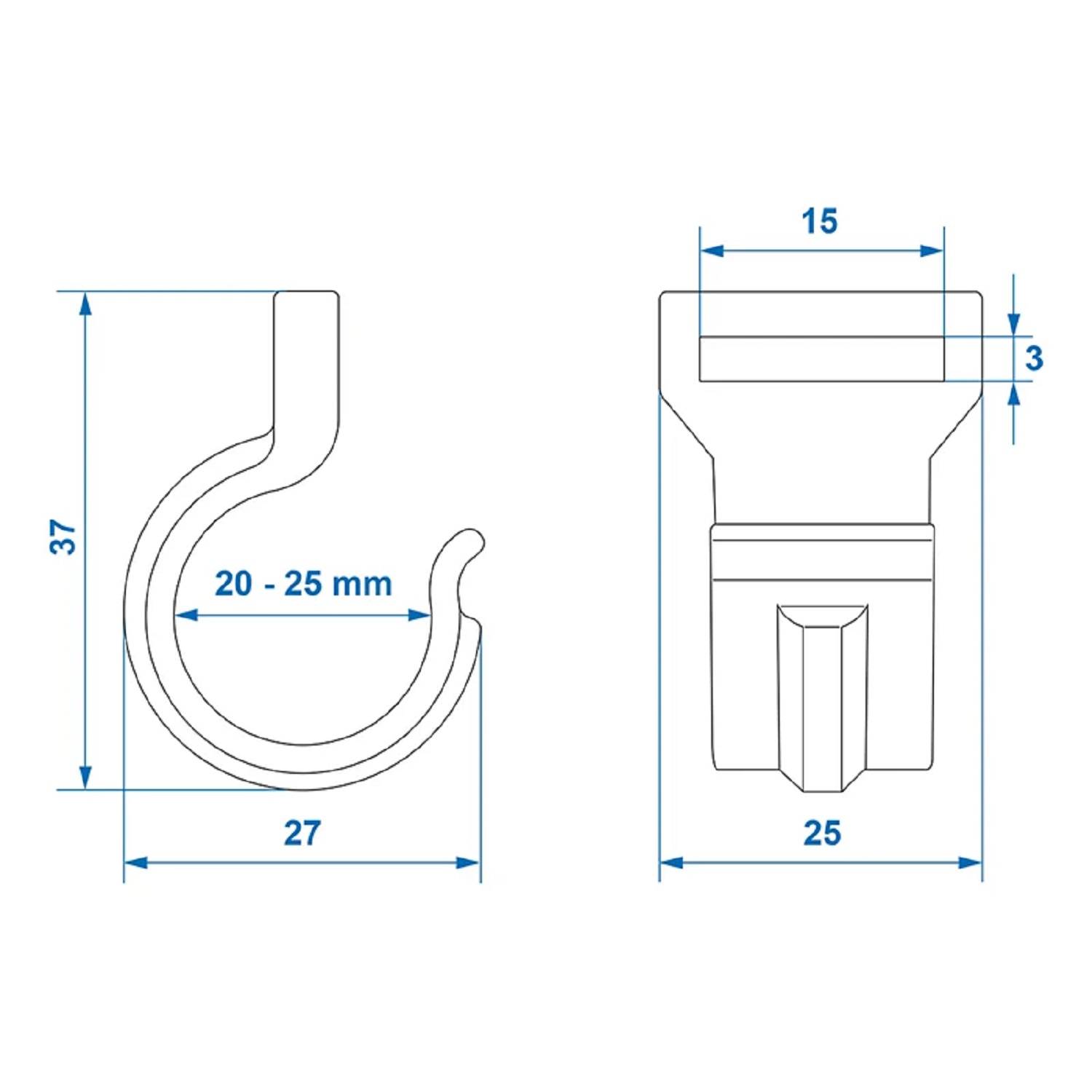 Eine technische Zeichnung eines U-förmigen Hakens mit Abmessungen: Höhe 37 mm, Breite 27 mm und Tiefe 25 mm. Öffnungsbreite 20-25 mm.