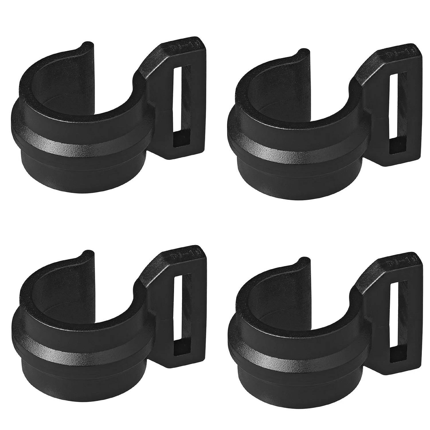 Vier identische schwarze Kunststoffclips, in einem Rastermuster angeordnet, wobei jeder Clip eine kreisförmige Öffnung und ein rechteckiges Befestigungsloch aufweist.