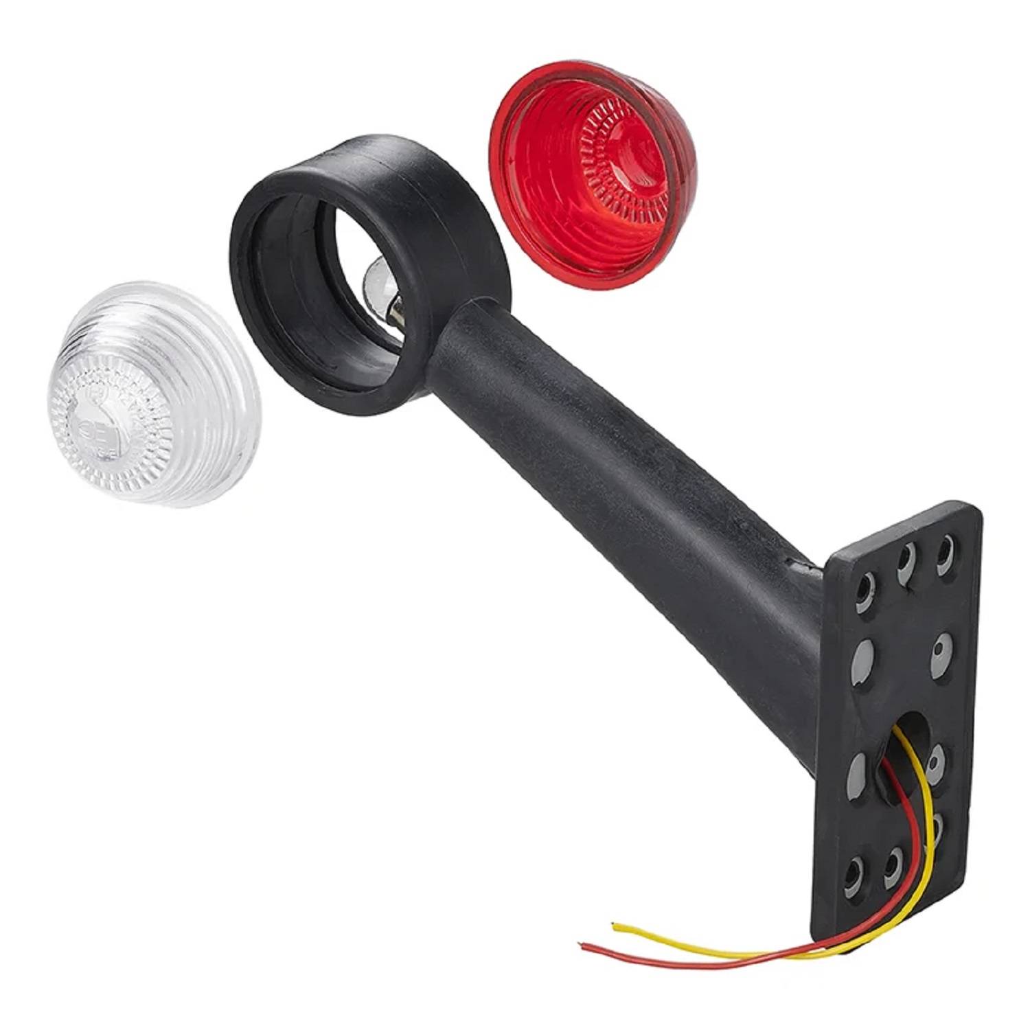 Ein schwarzer Fahrzeuglampenhalter aus Kunststoff mit Verkabelung, ausgestattet mit separaten roten und klaren Linsenkappen, wahrscheinlich zur Signalgebung an einem Fahrzeug.