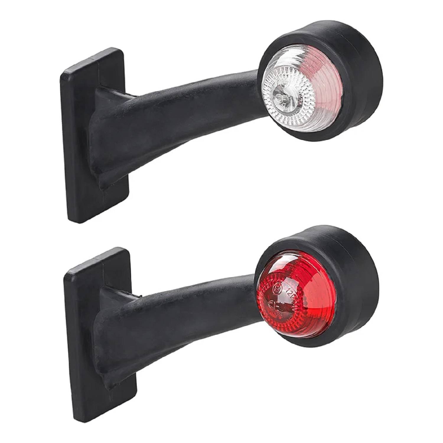 Das Bild zeigt zwei schwarze Anhängerrücklichter mit Halterung. Das obere Licht hat eine weiße Linse und das untere eine rote Linse, beide sind auf schräg angewinkelte Armen montiert.