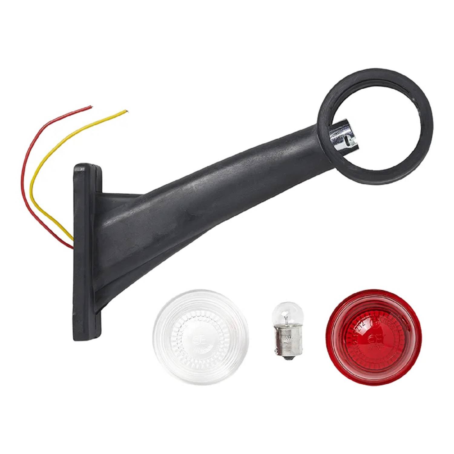 Eine schwarze Fahrzeuglichtklemme mit kreisförmigem Ende, an der rote und gelbe Kabel angeschlossen sind. Enthält eine klare Linse, eine rote Linse und eine Glühbirne.