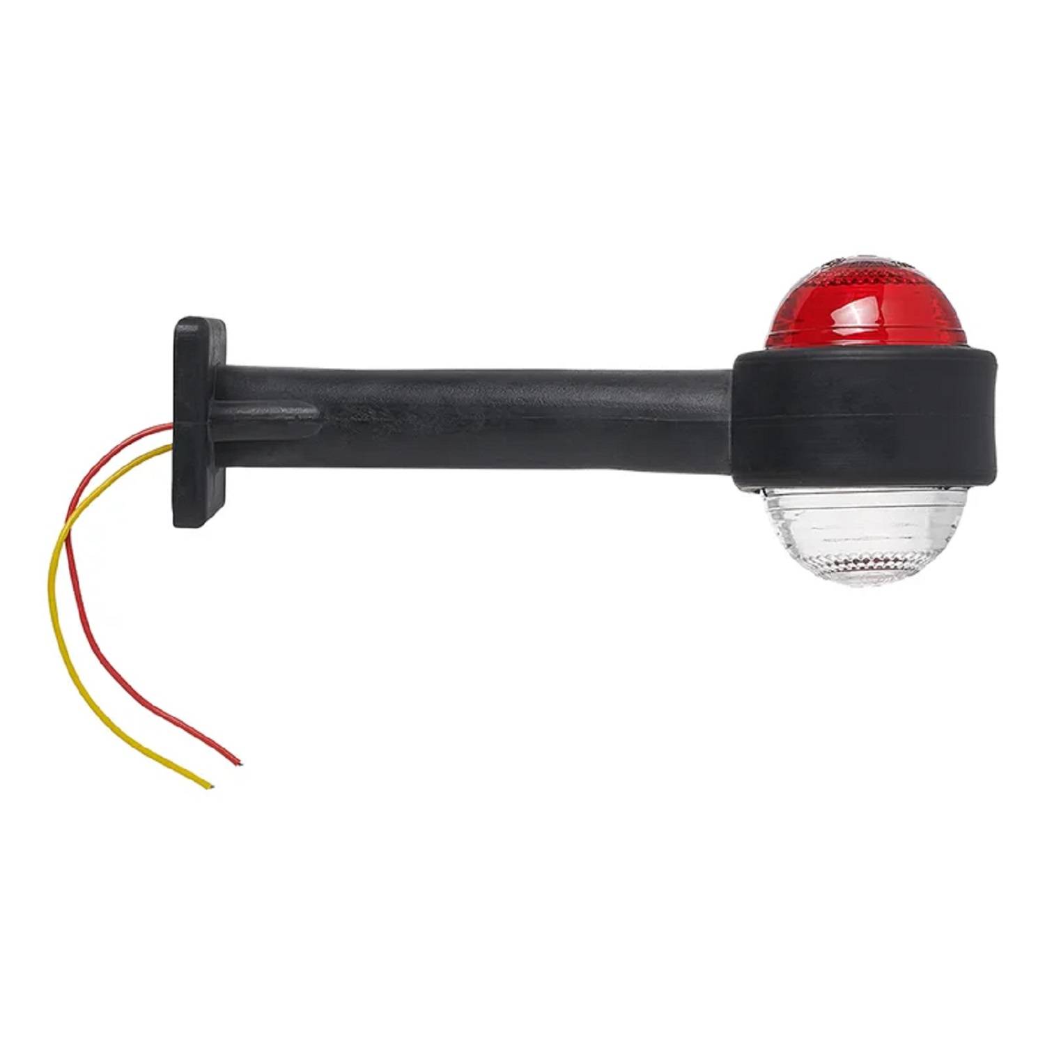 Ein schwarzes Seitenblinklicht mit einer roten Linse an einem Ende und zwei freiliegenden Kabeln (gelb und rot) am anderen Ende.