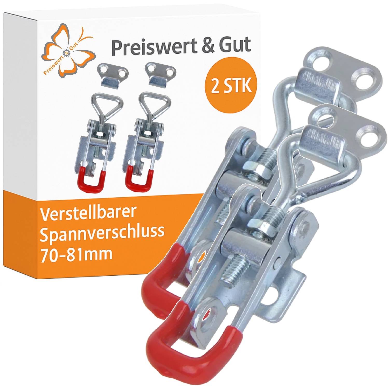Preiswert & Gut' verstellbare Verschlussriegel-Set mit roten Griffen, geeignet für 70-81mm. Verpackung zeigt zwei Metalllatenriegel.
