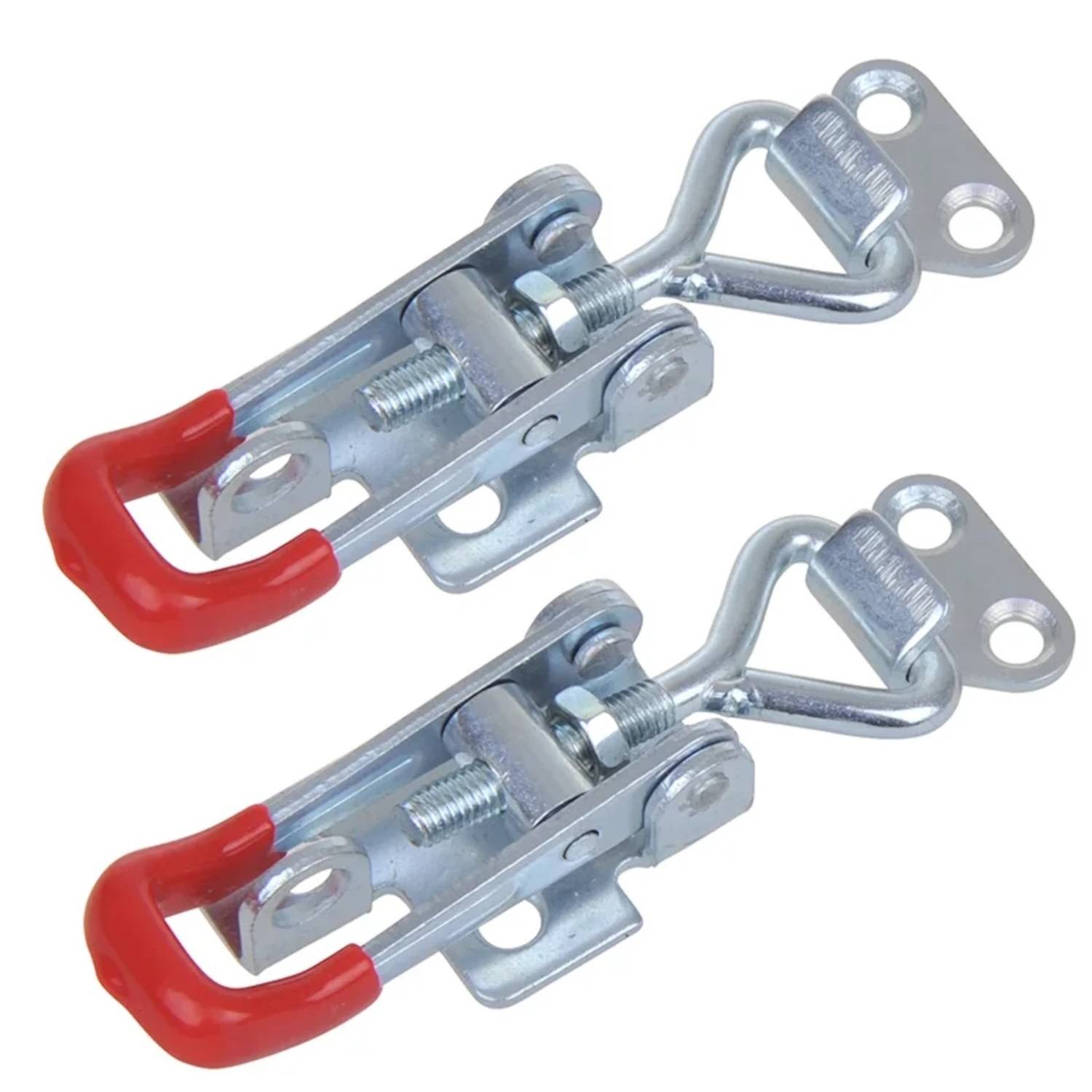 Zwei Metalltoggleverriegelungen mit roten Griffen sind abgebildet, die für Befestigungs- oder Verschließanwendungen konzipiert sind.