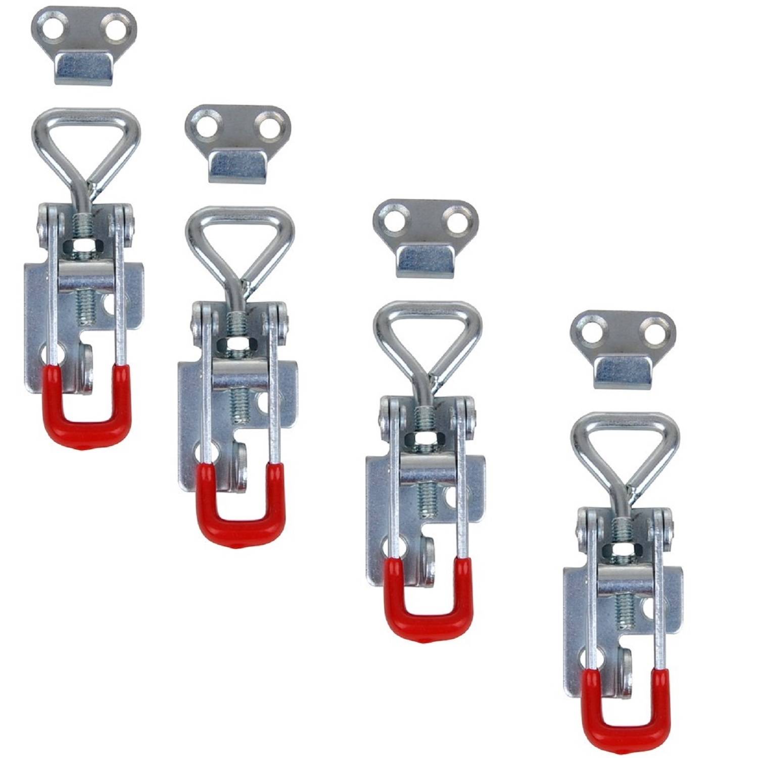 Vier Knebelspannverschlüsse mit roten Vinyl-Griffen werden präsentiert, zwei links und zwei rechts, zusammen mit passenden Metallaufnahmeplatten.
