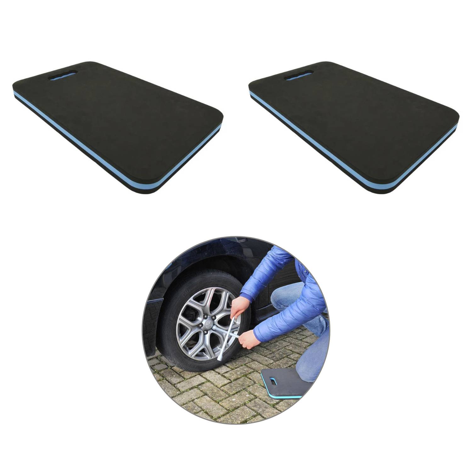 Zwei schwarze und blaue Kniepolster, mit einer kreisförmigen Einlage, die eine Person zeigt, die mit einer Reifenhebeeisen einen Autoreifen wechselt und dabei auf dem Polster kniet.
