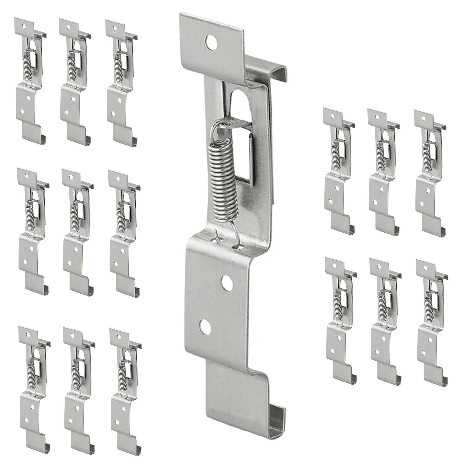 Satz von 20 silbernen Metalltürfederklemmen, die eine Klemme mit Federmechanismus zeigen, ideal für Möbelaufbau und -reparatur.